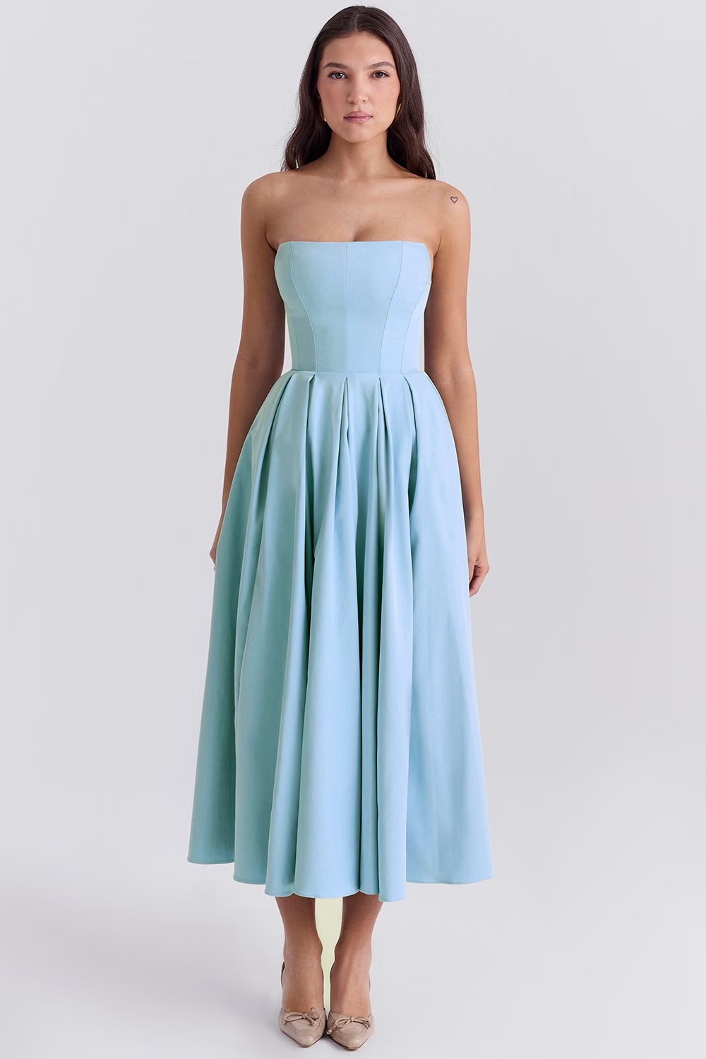 tuscan blue strapless midi sundress - sale