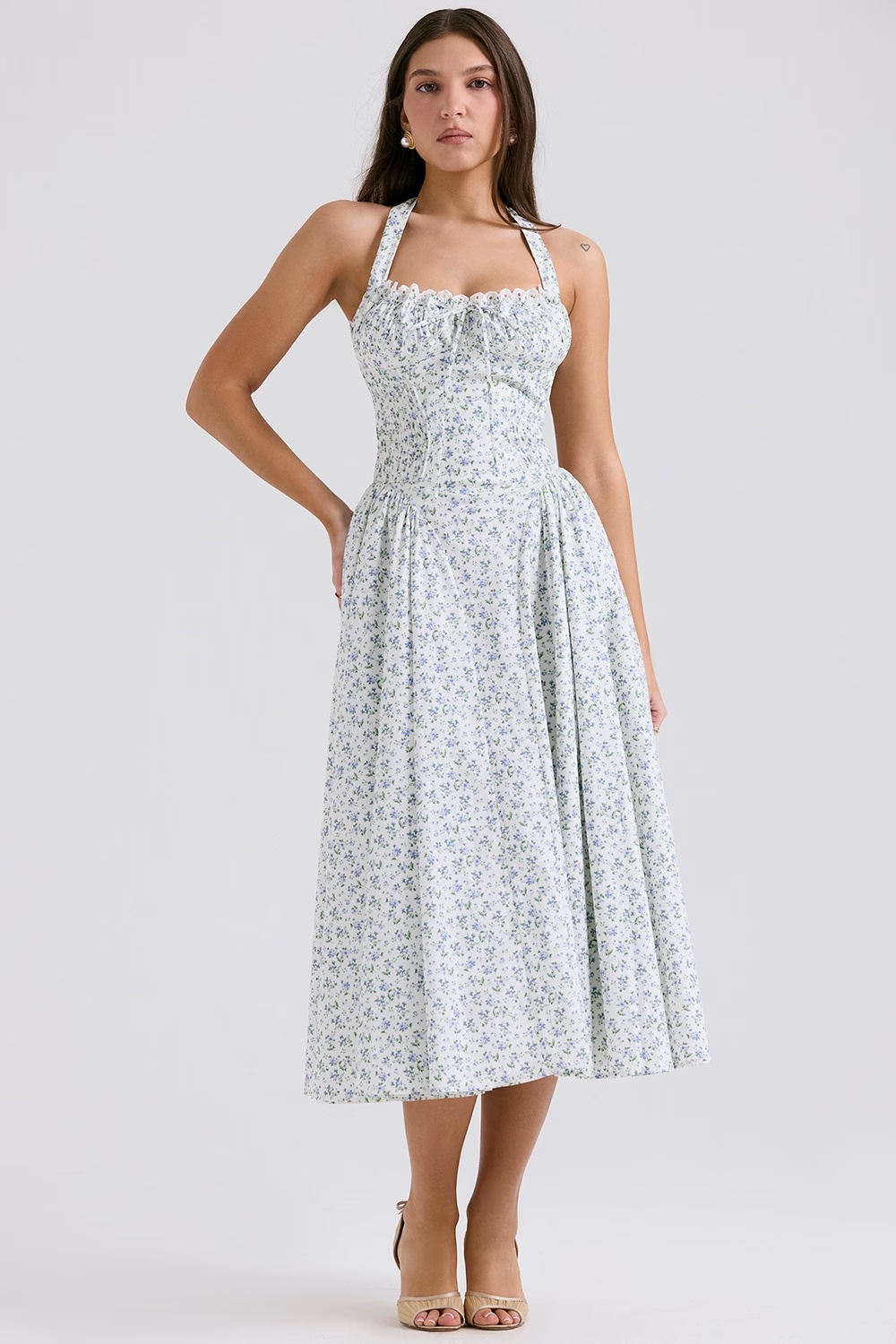 white bluebell print cotton halter sundress - sale