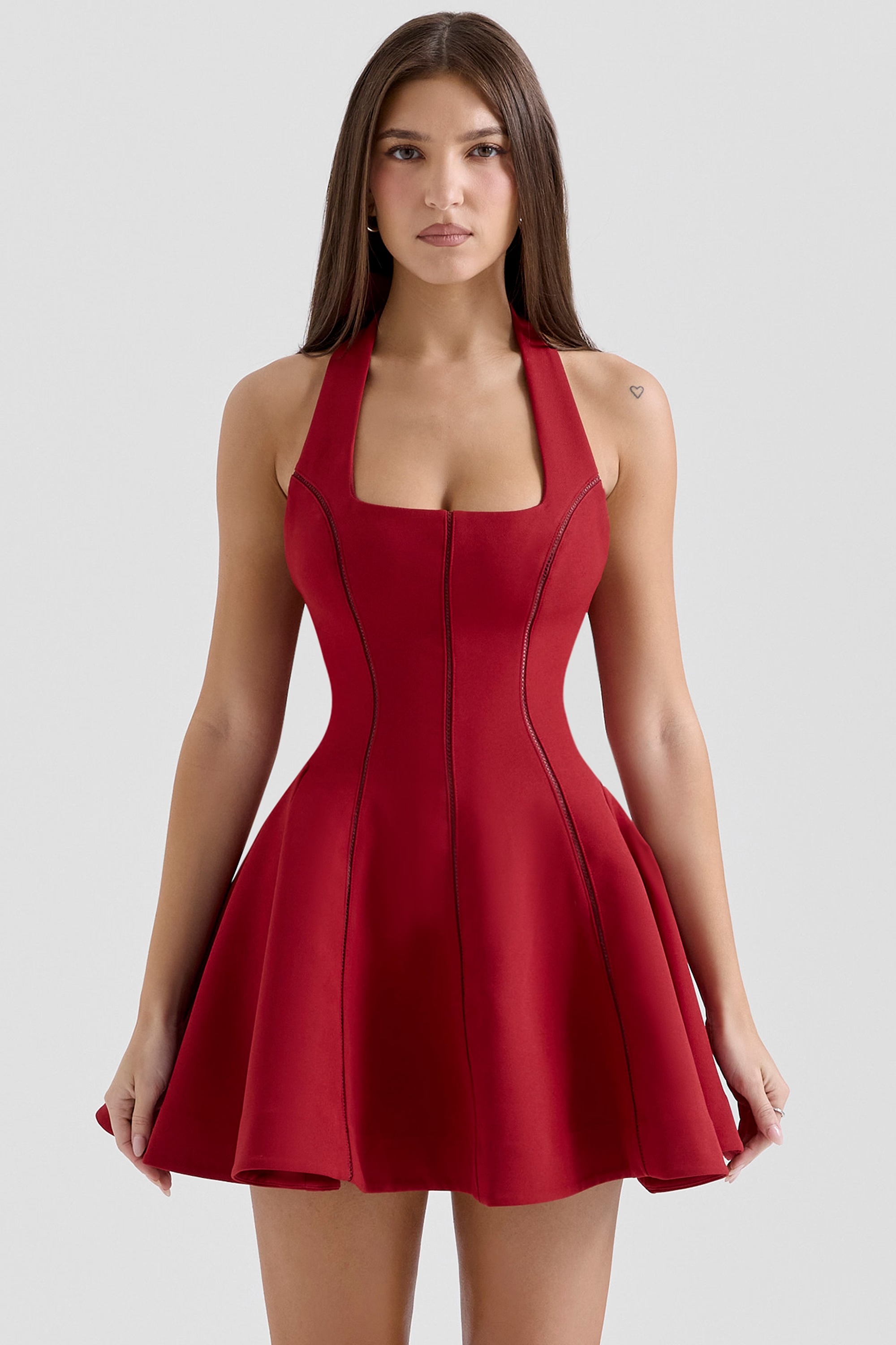 red halter neck bow mini dress - sale