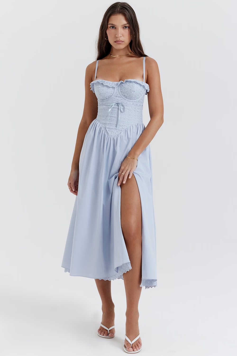 soft blue cotton broderie anglais midi sundress - sale