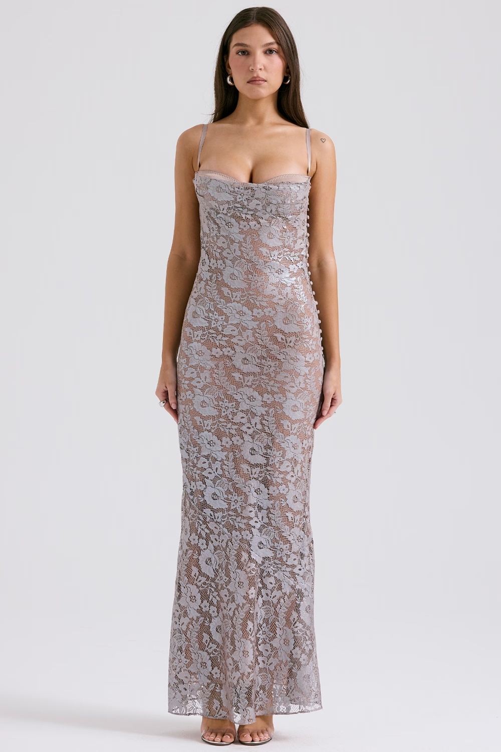 ice blue lace godet gown - sale