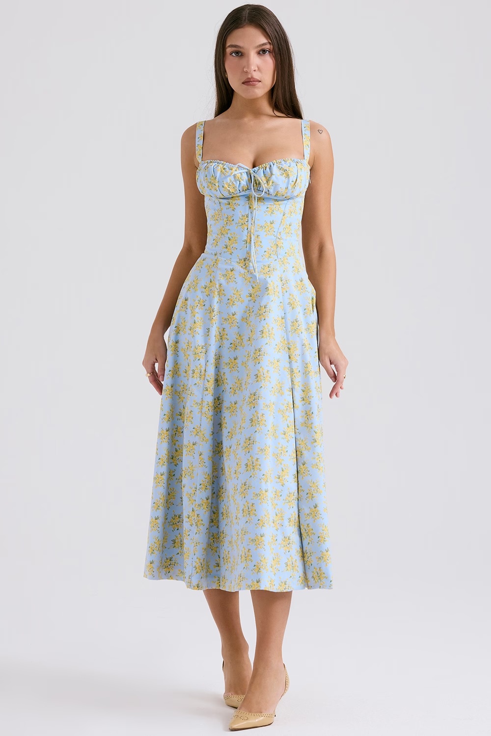 soft blue vintage floral print cotton bustier sundress - sale