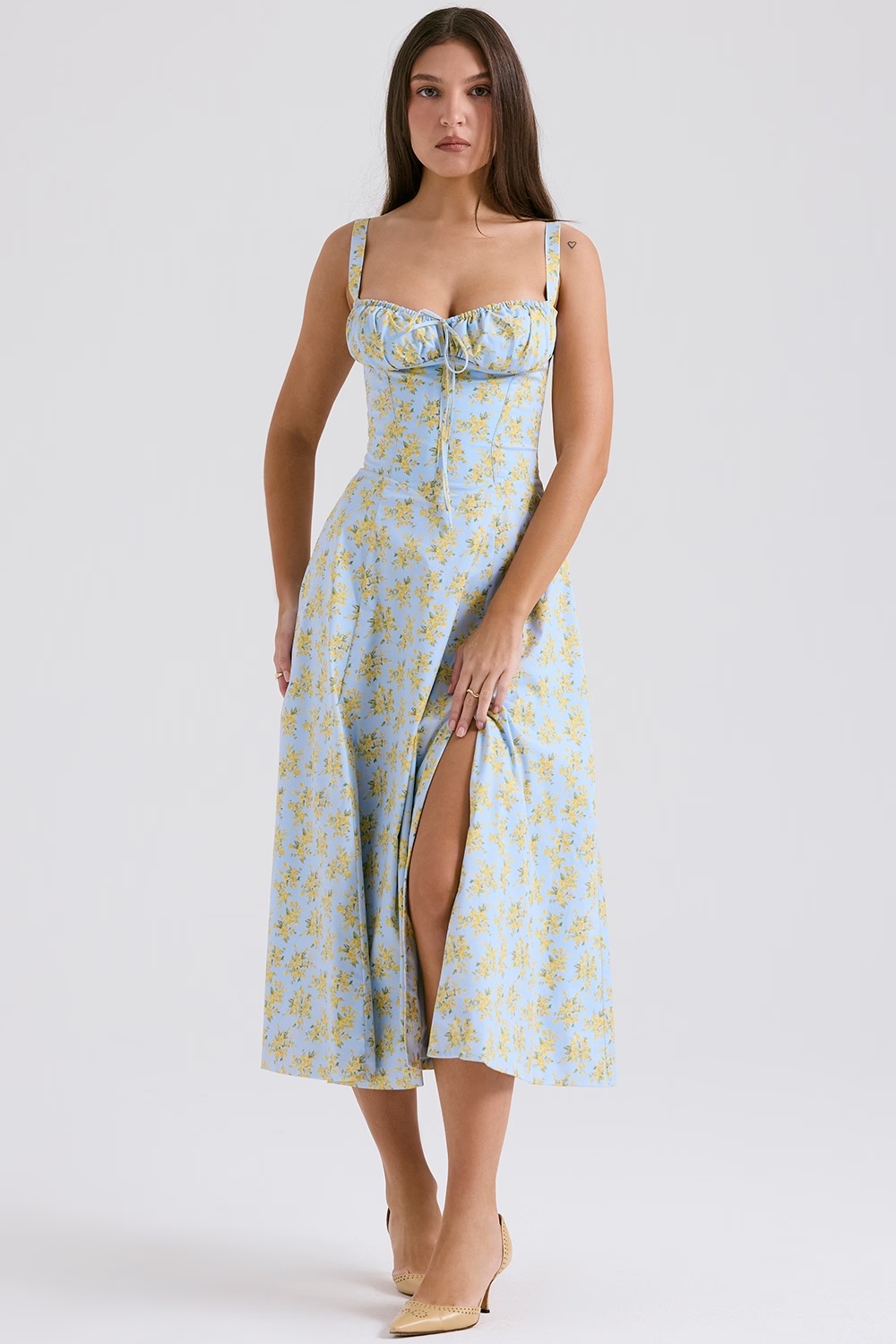 soft blue vintage floral print cotton bustier sundress - sale