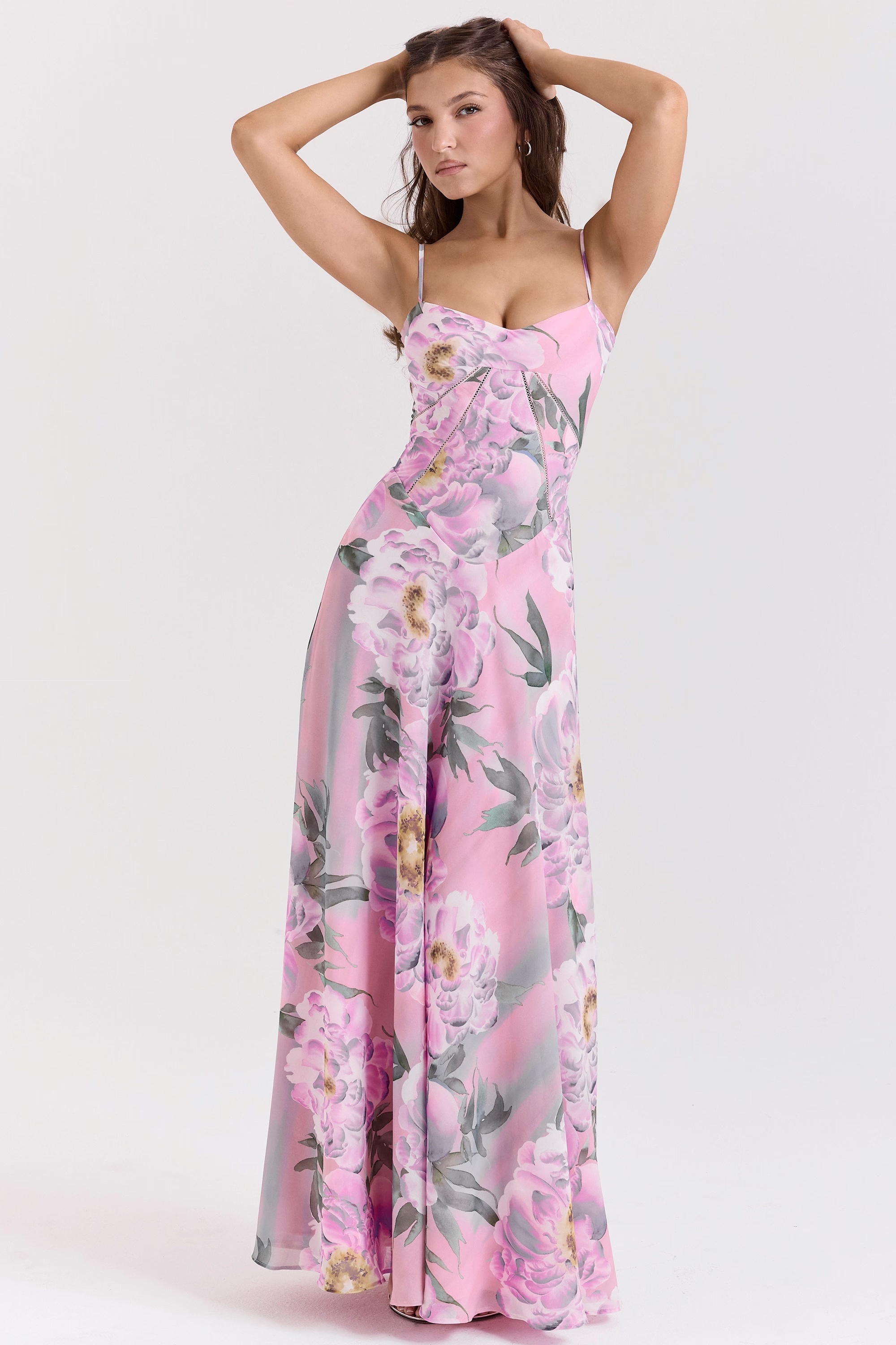 pink floral print lace back maxi dress - sale