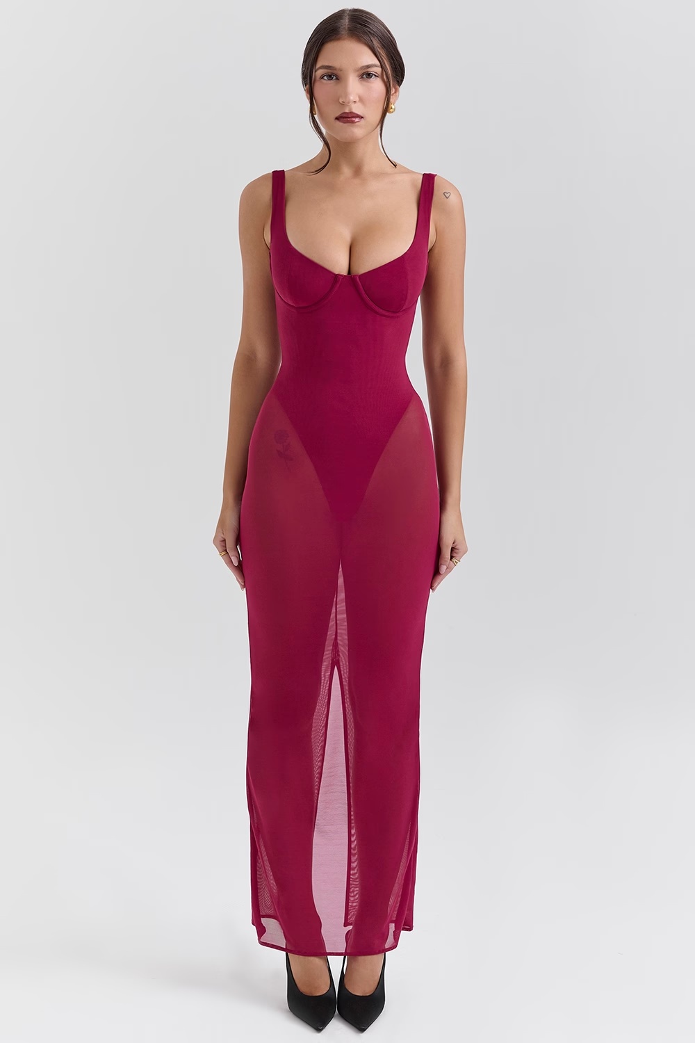 wine stretch mesh maxi dress - sale