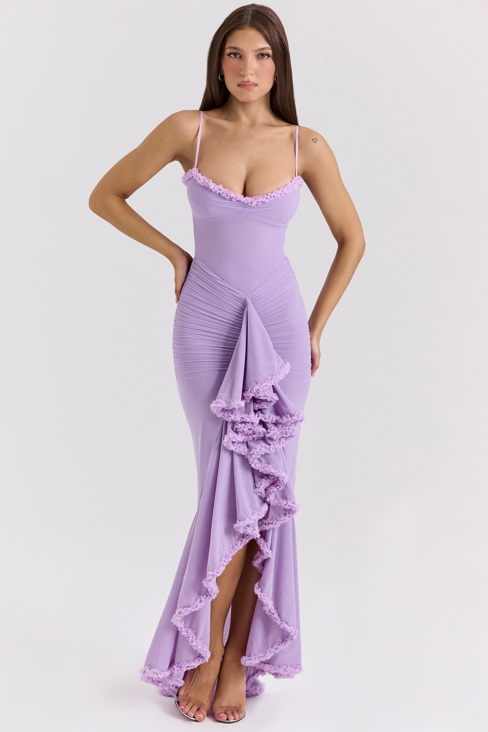 orchid mesh ruffled front gown - sale
