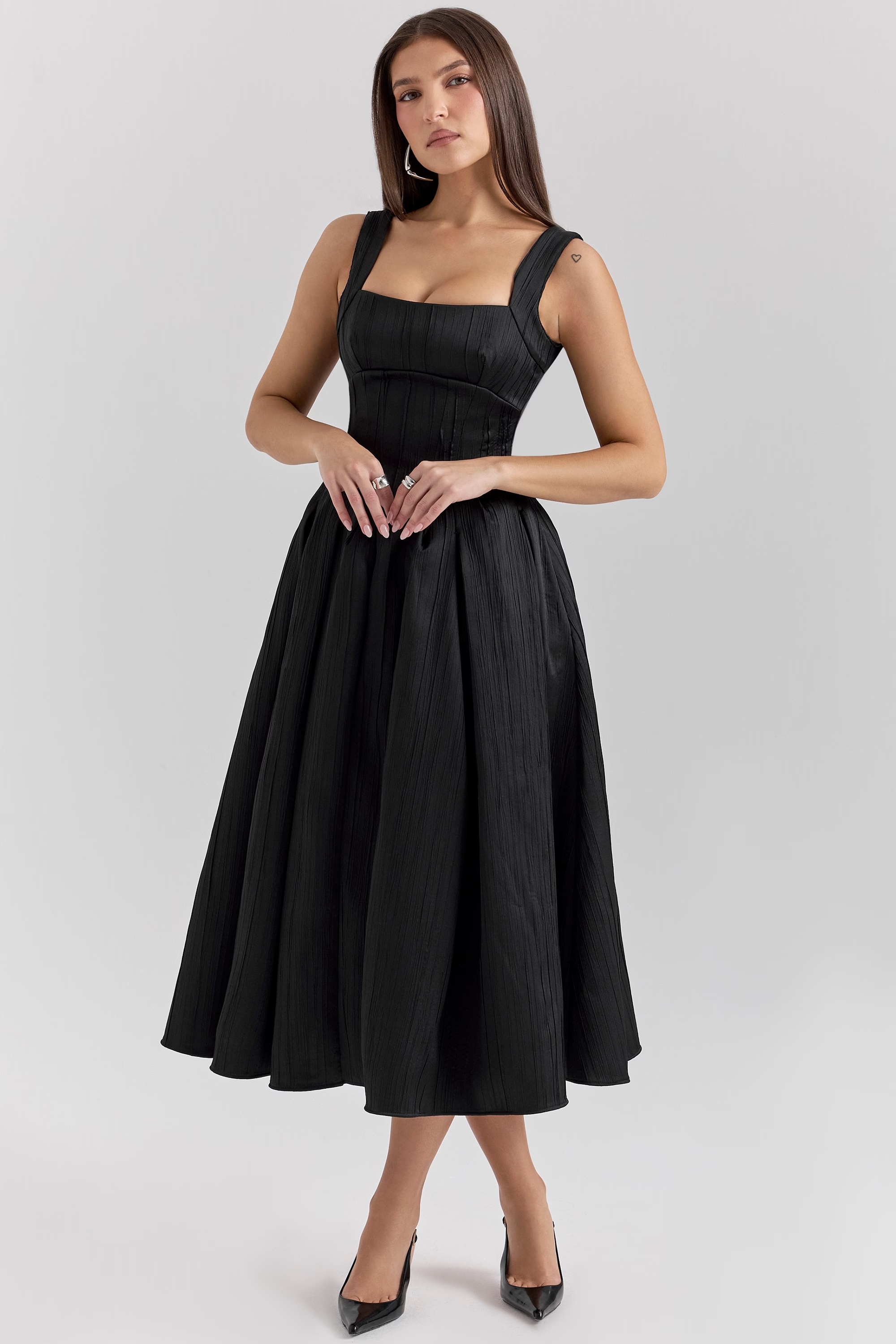 black textured satin corset midi dress - sale