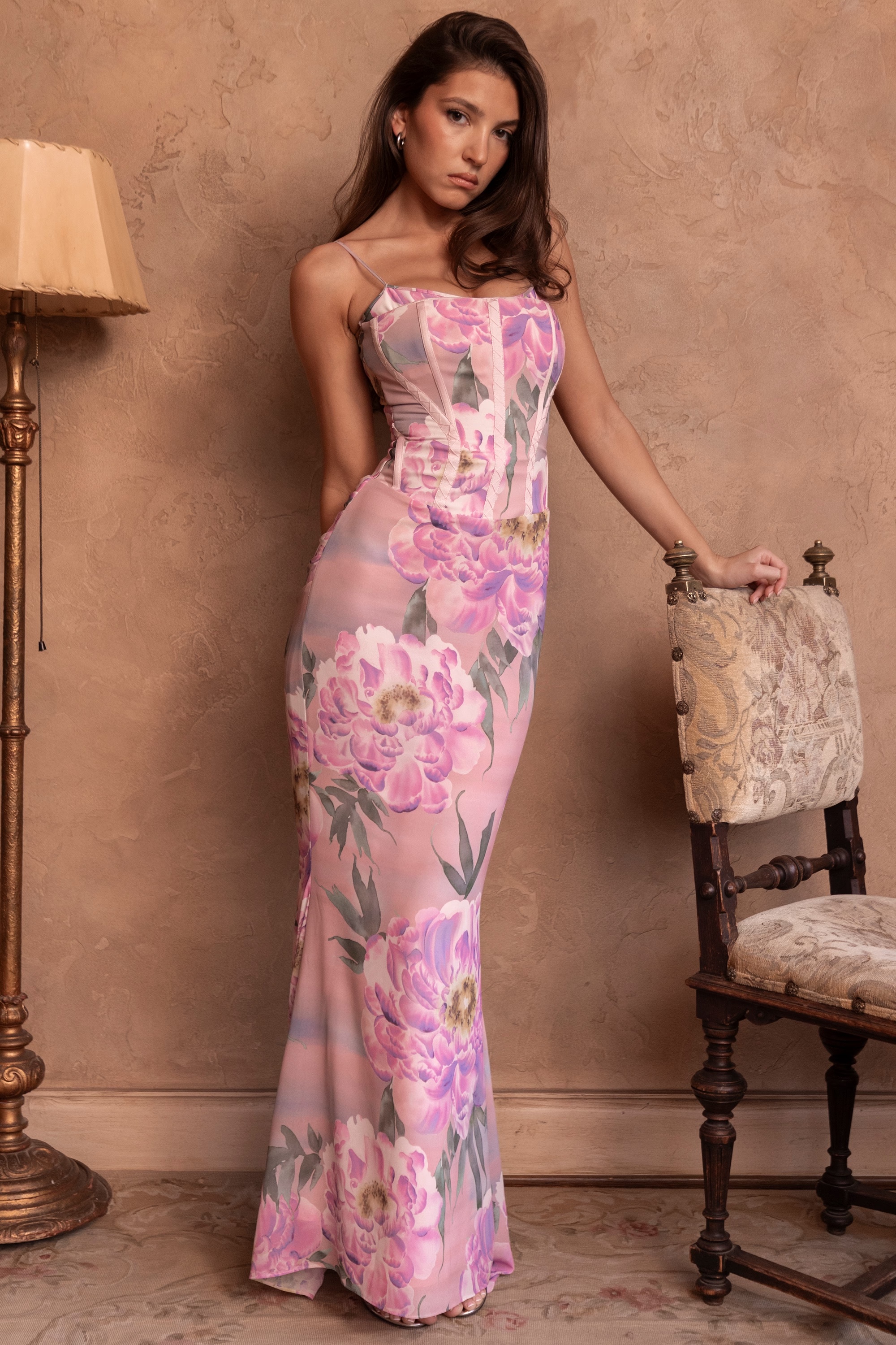 pink floral corset maxi dress - sale