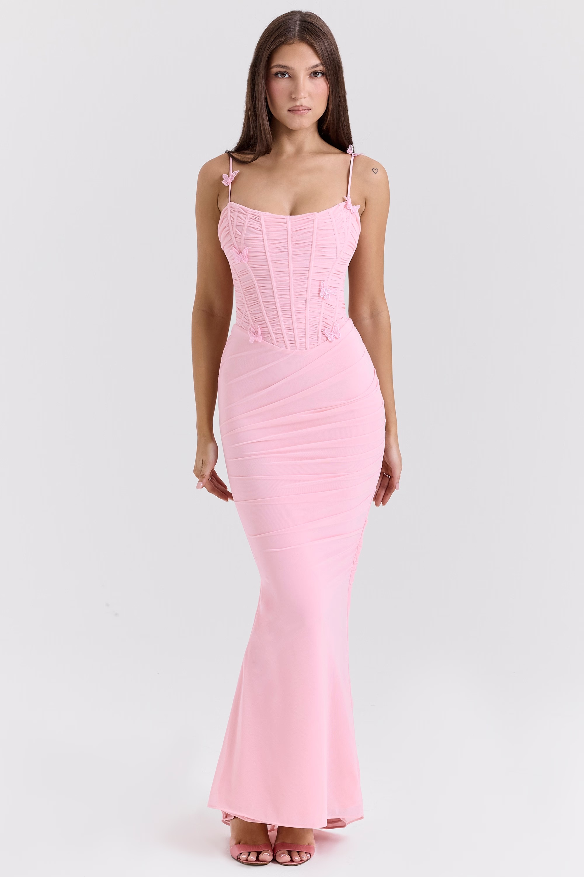 pink stretch mesh butterfly maxi dress - sale
