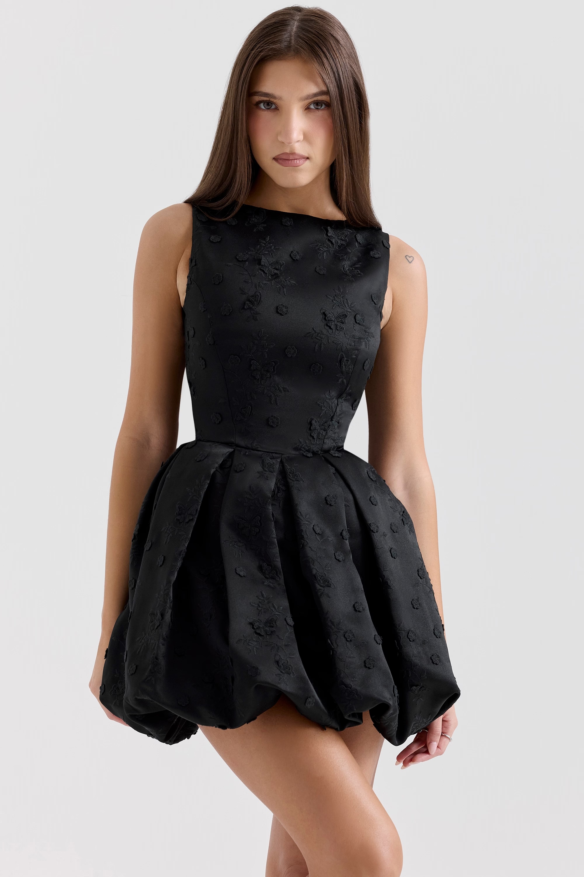 black backless embroidered mini puffball dress - sale