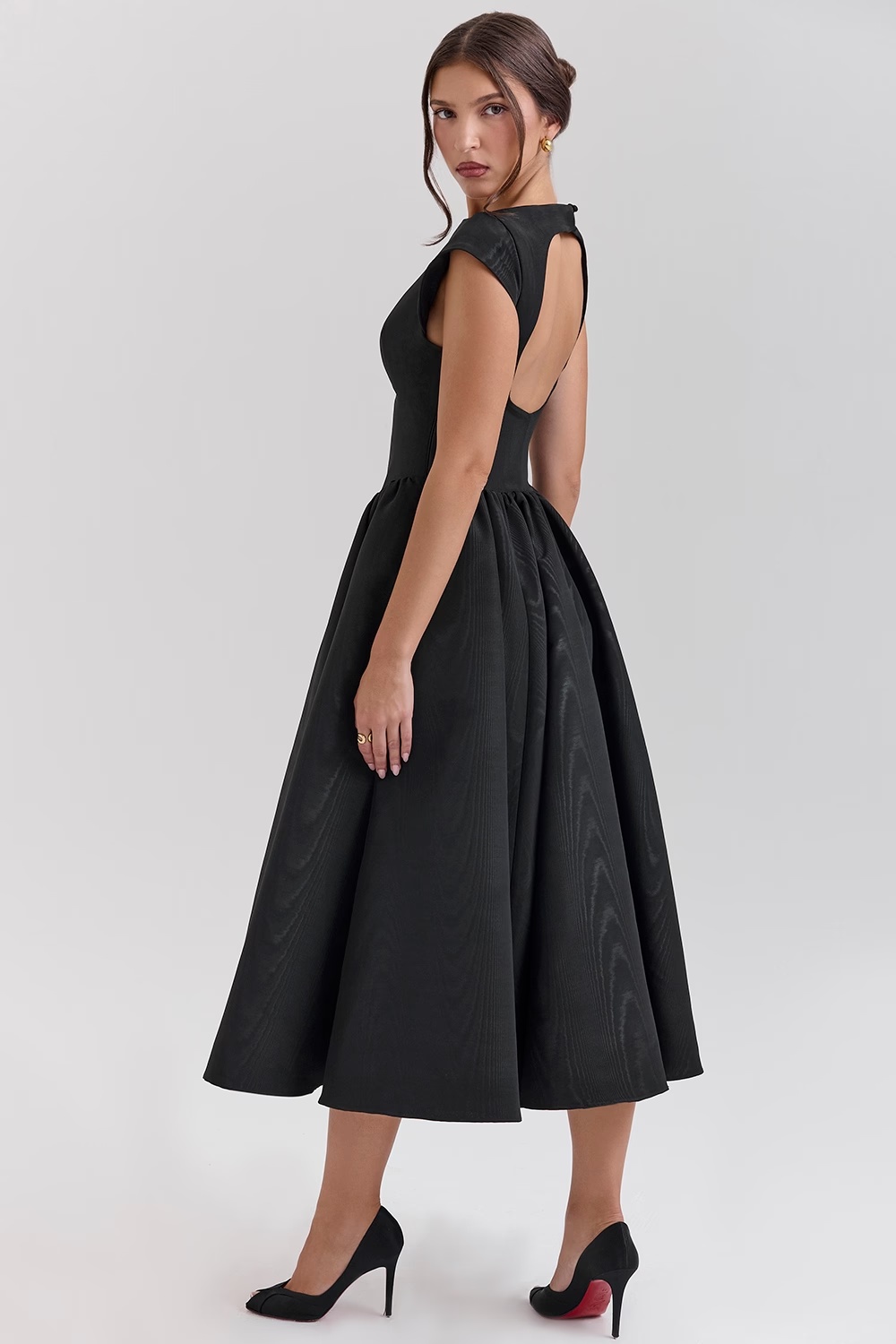 black moire satin backless midi dress - sale