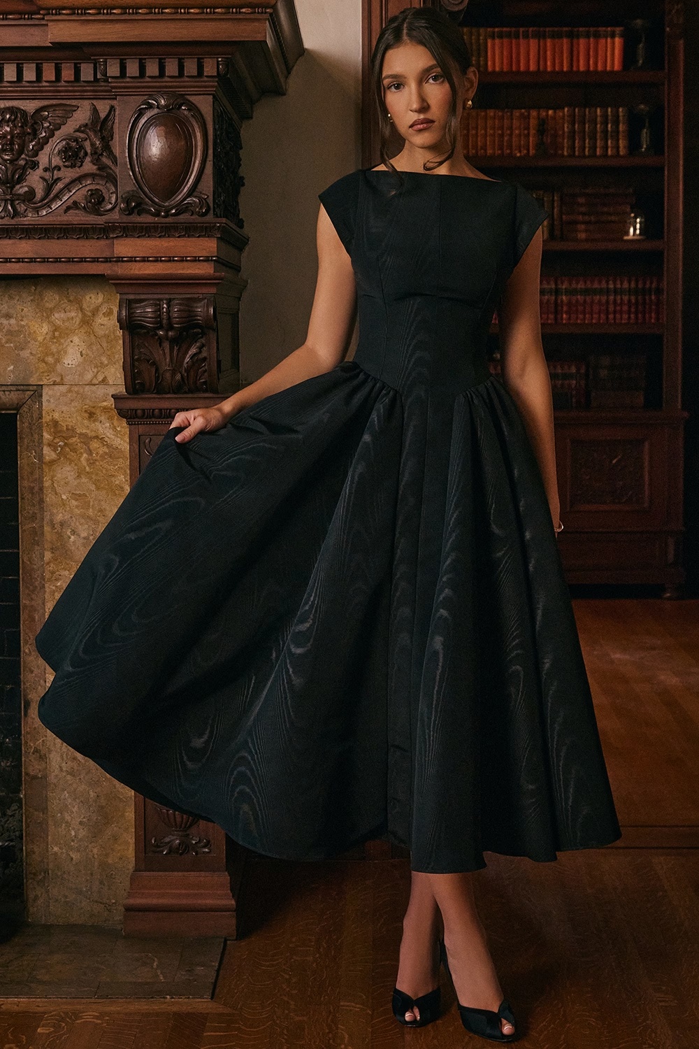 black moire satin backless midi dress - sale
