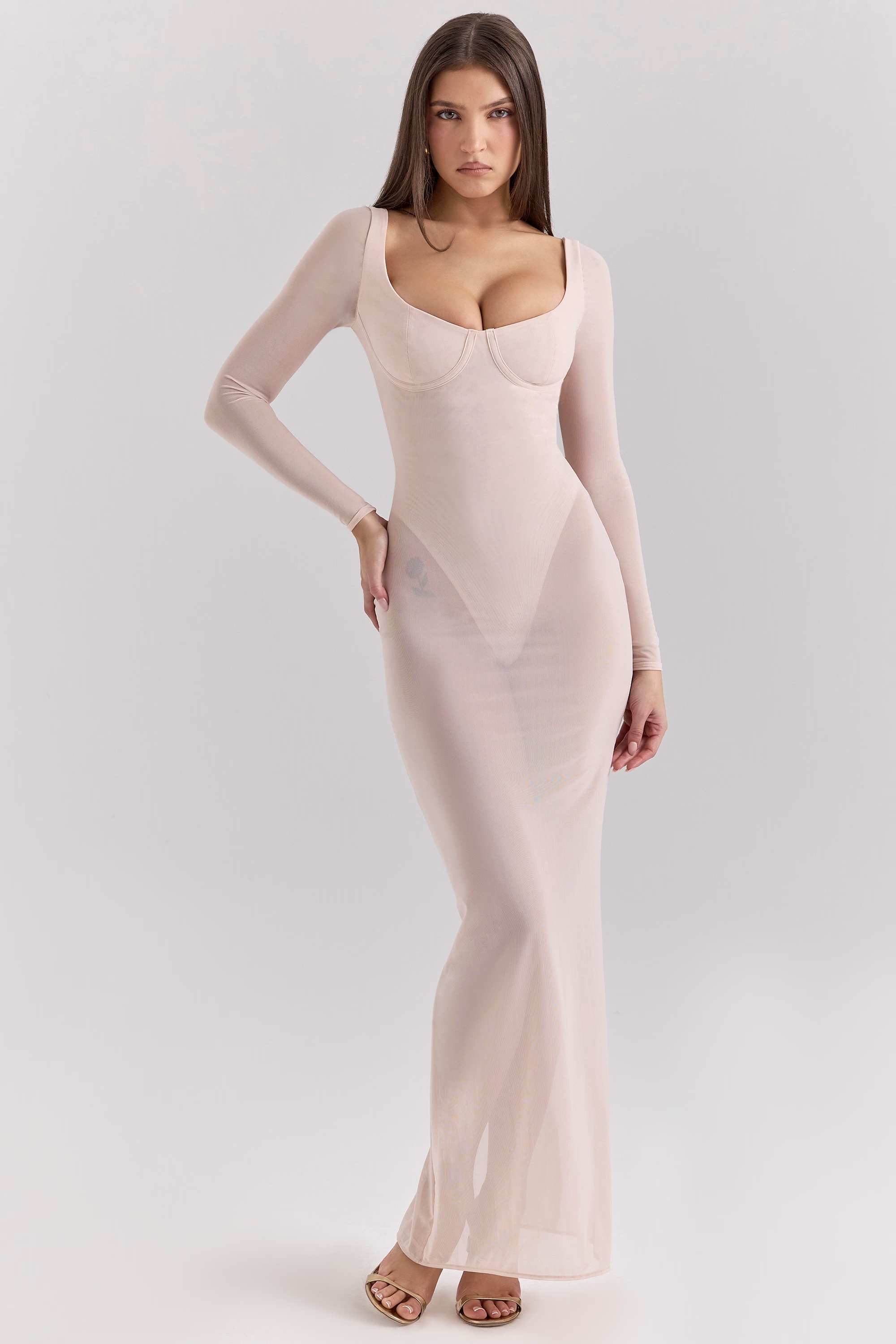 blush mesh maxi dress with bodysuit - sale