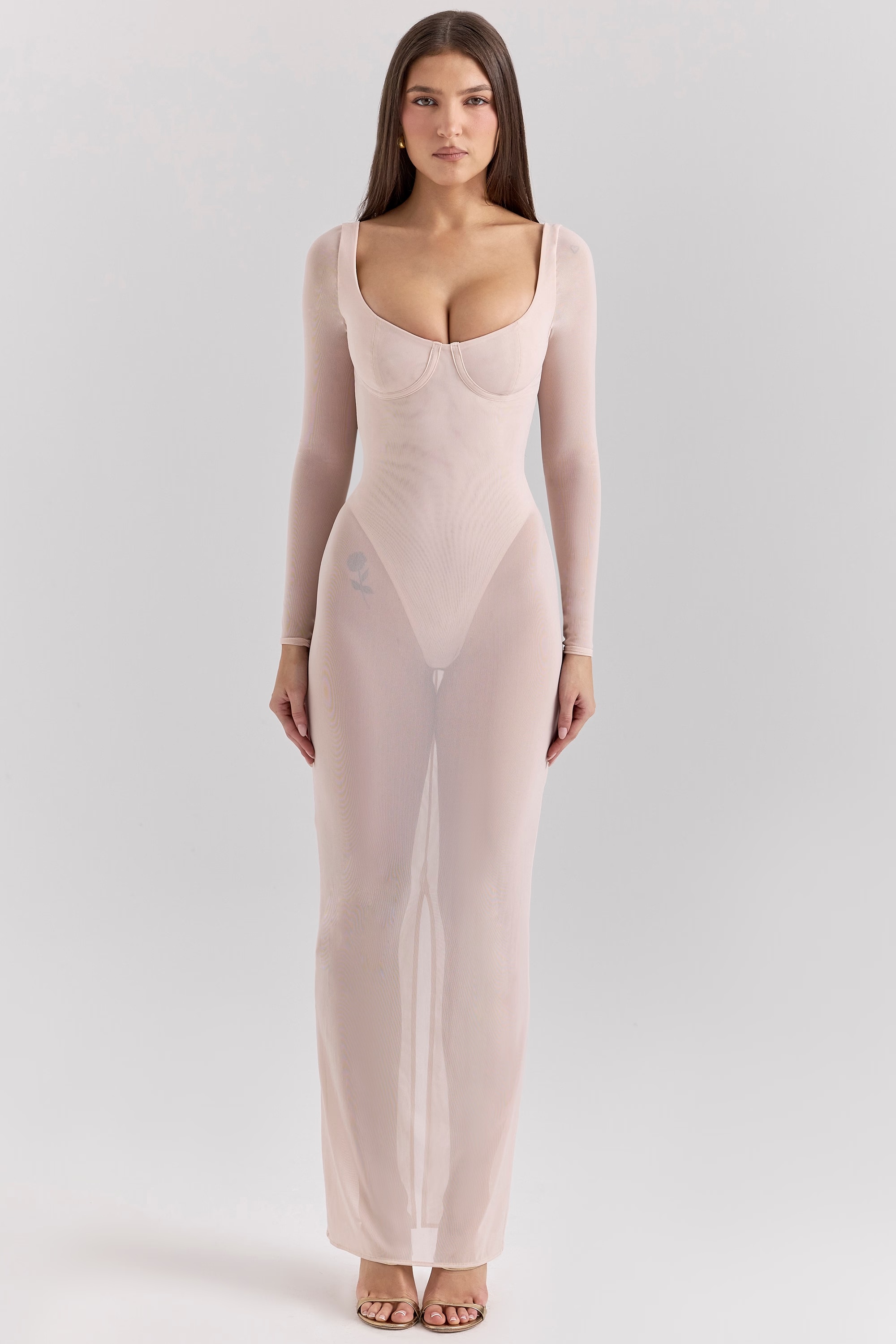 blush mesh maxi dress with bodysuit - sale