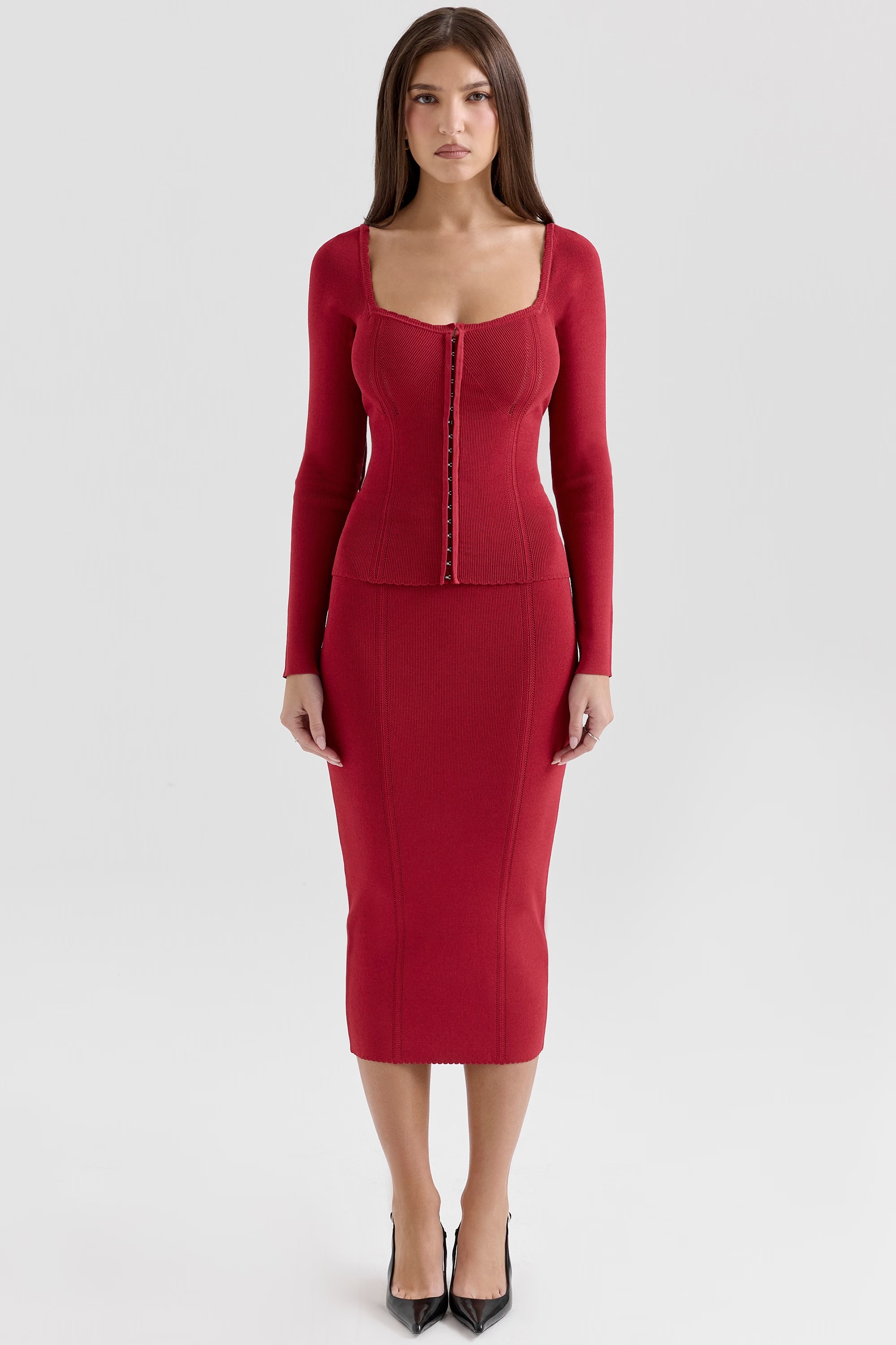 red bodycon midi skirt - sale