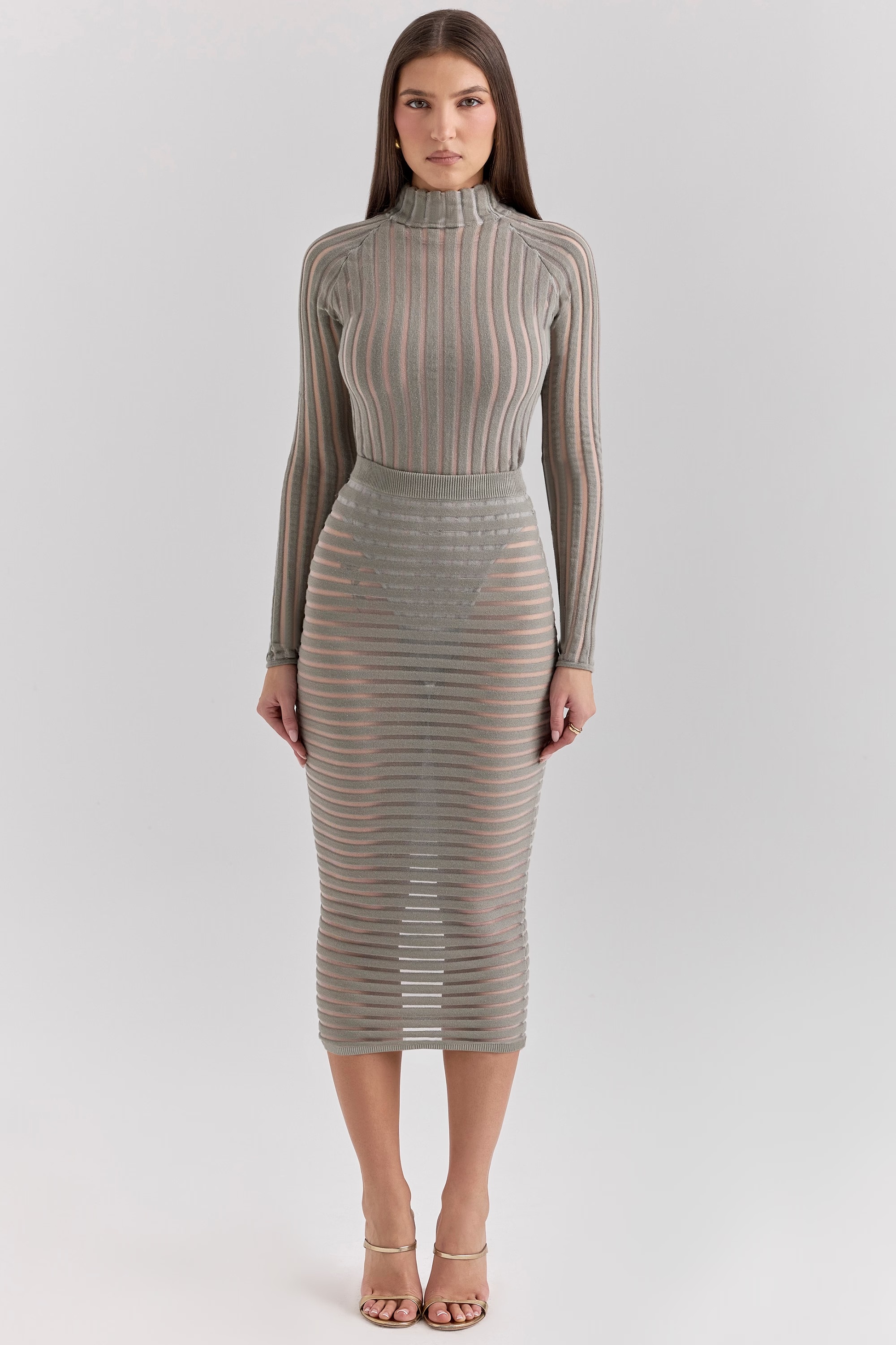 grey velour sheer striped midi skirt - sale
