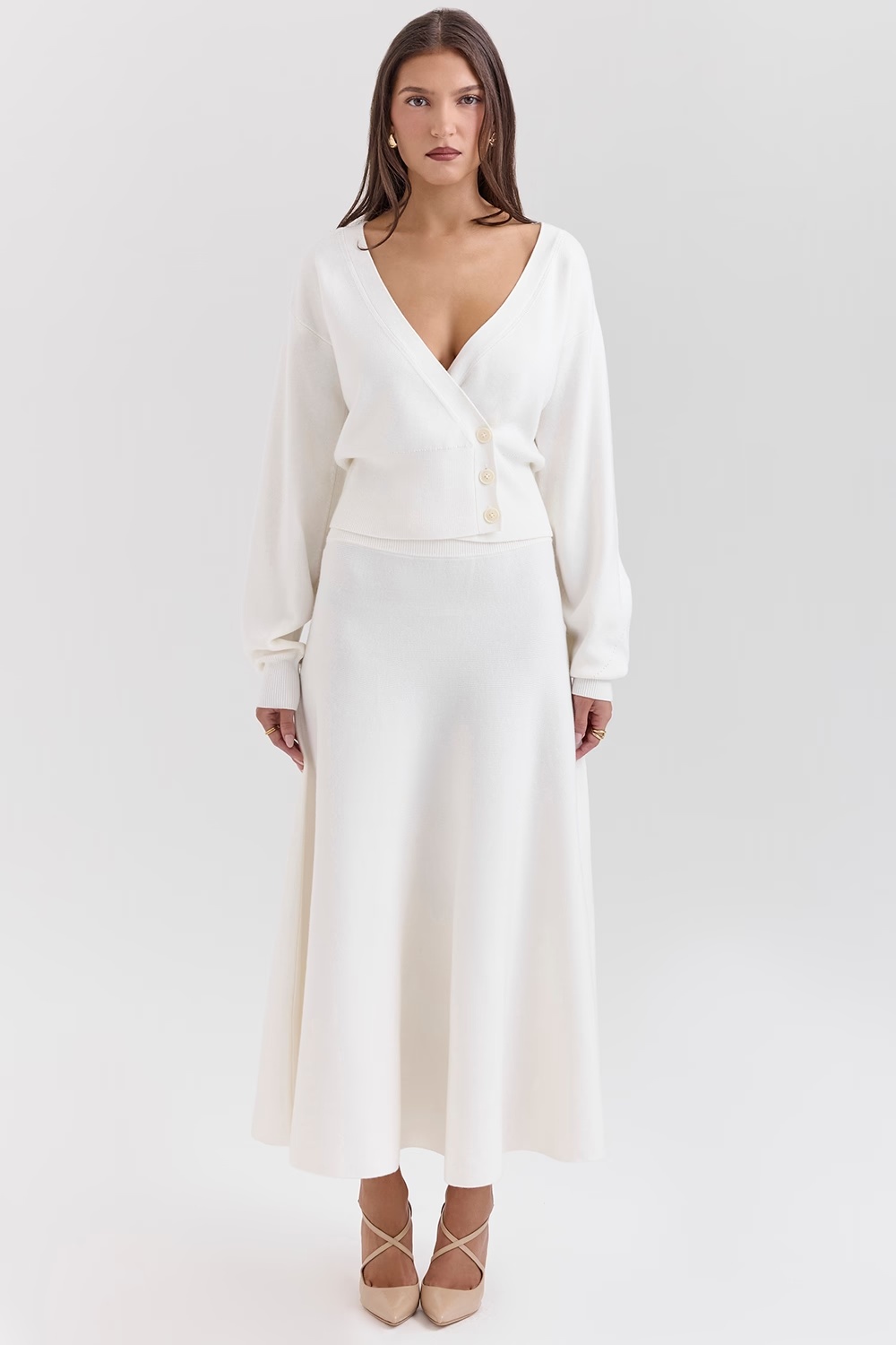 ivory wool mix flared midi skirt - sale