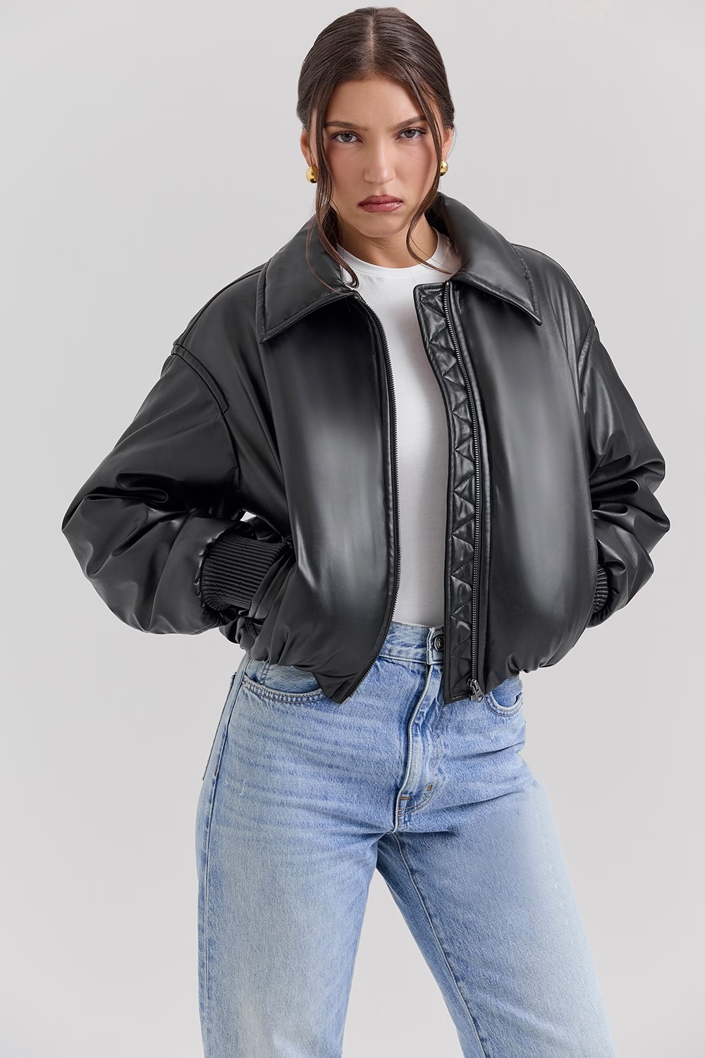 black vegan leather bomber jacket - sale