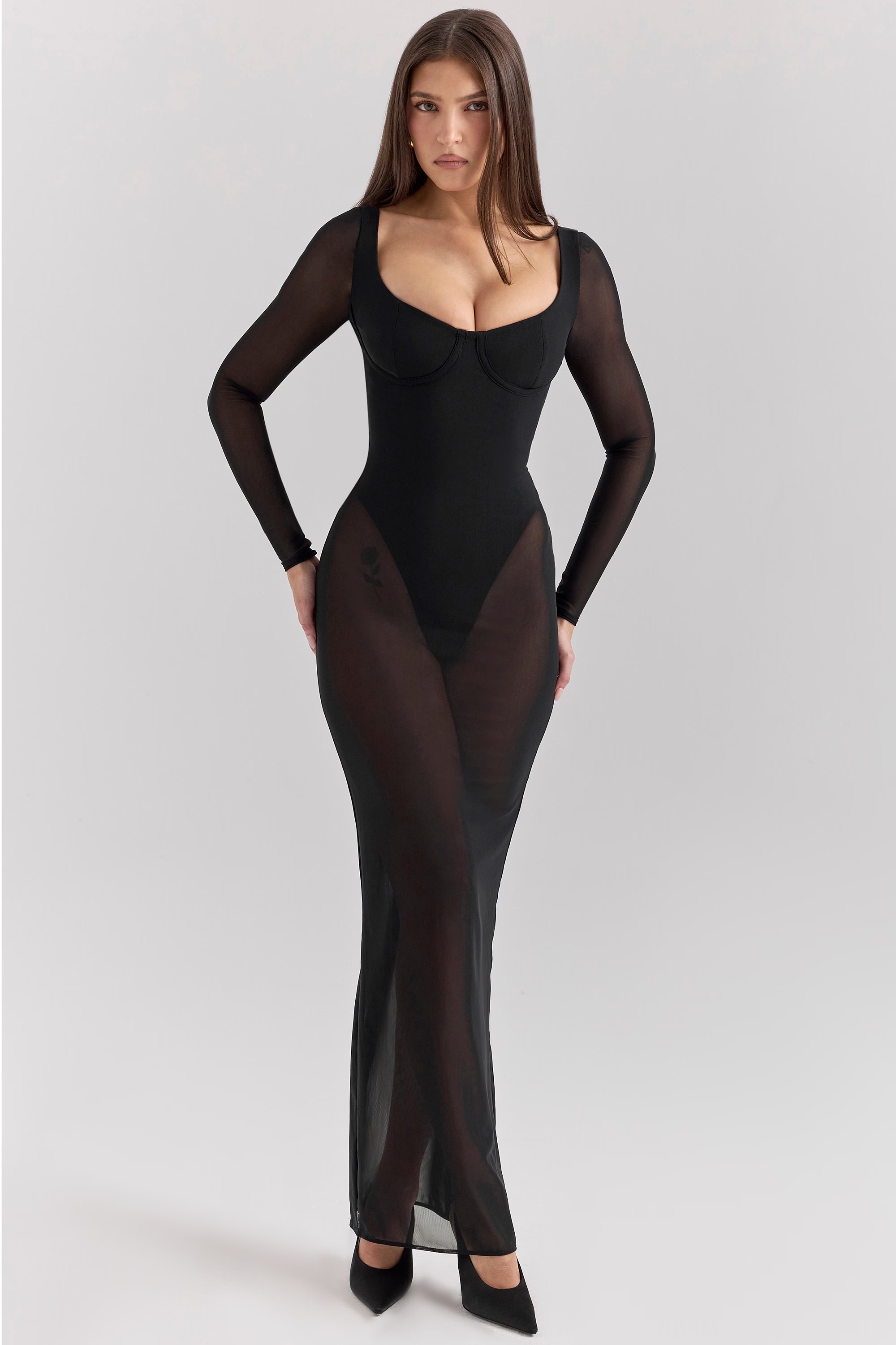 black mesh maxi dress with bodysuit - sale