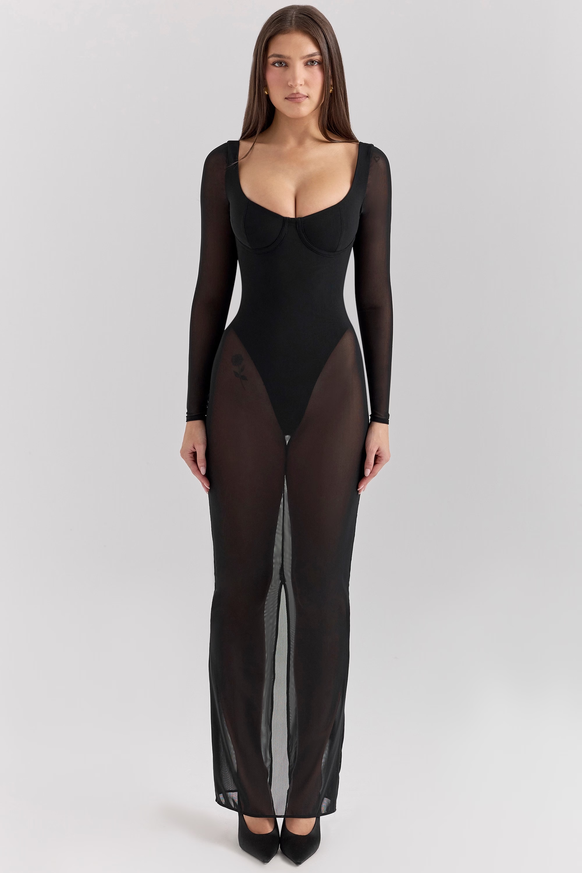 black mesh maxi dress with bodysuit - sale