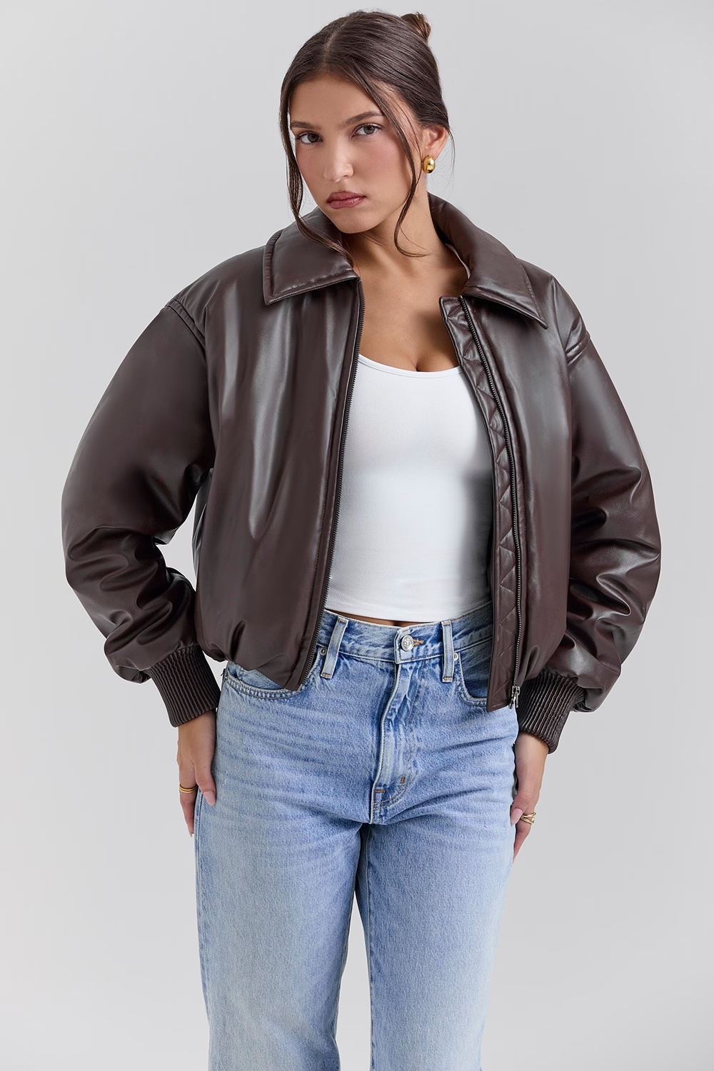 dark brown vegan leather bomber jacket - sale