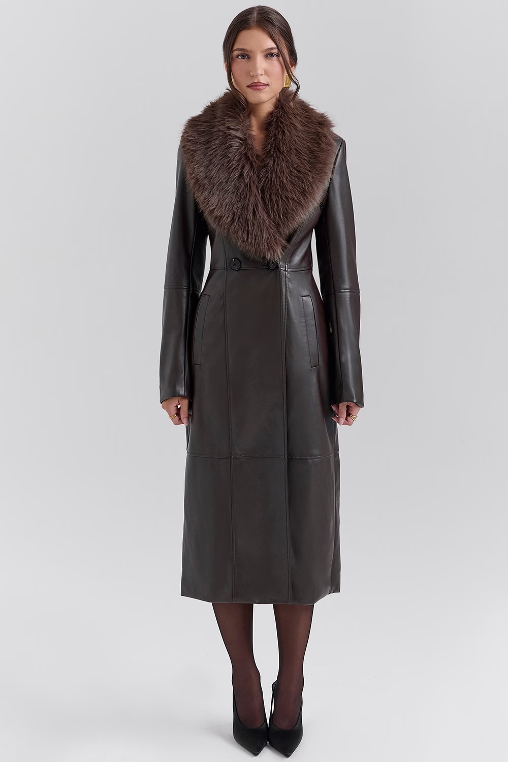 brown faux fur trimmed vegan leather coat - sale