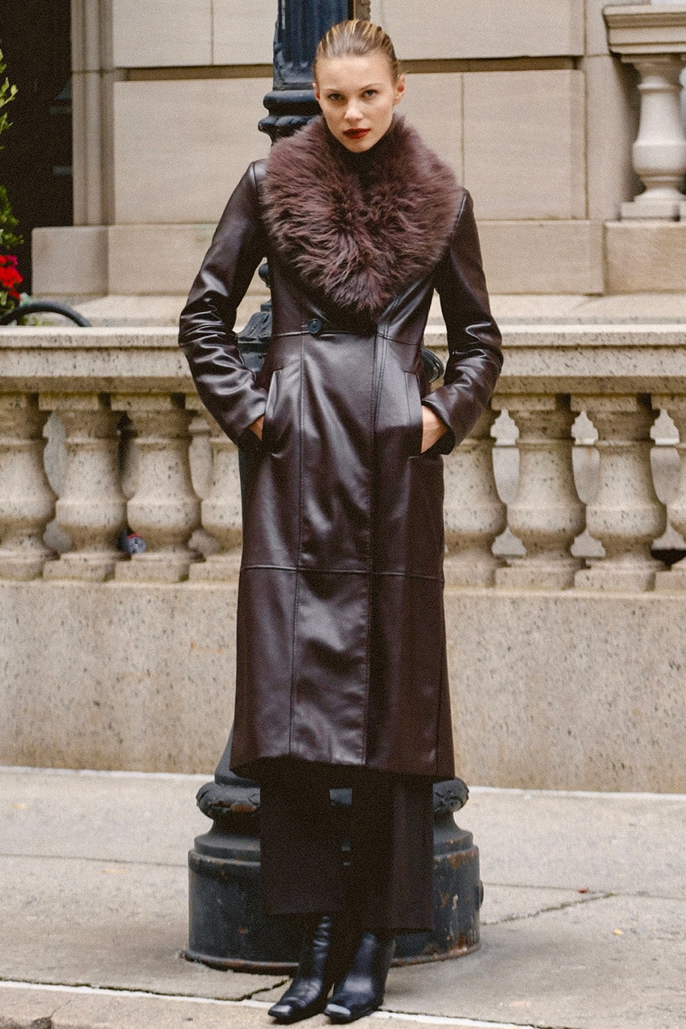 brown faux fur trimmed vegan leather coat - sale