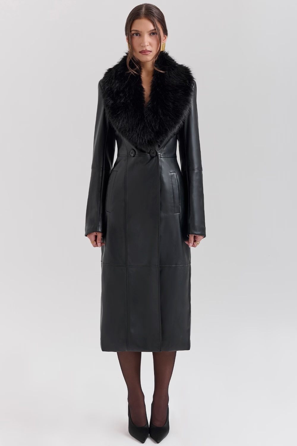 black faux fur trimmed vegan leather coat - sale