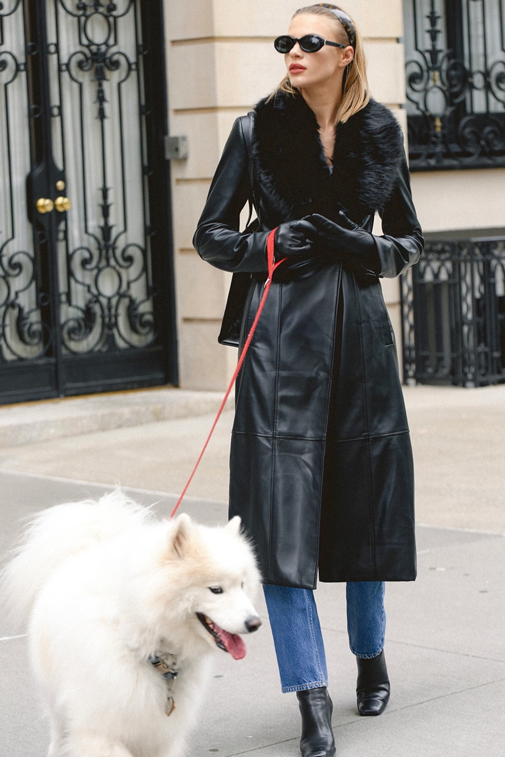 black faux fur trimmed vegan leather coat - sale