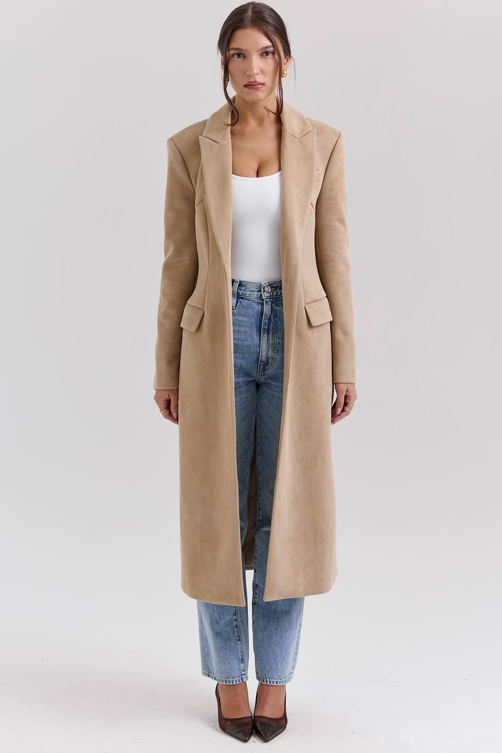 camel single breasted long coat - sale