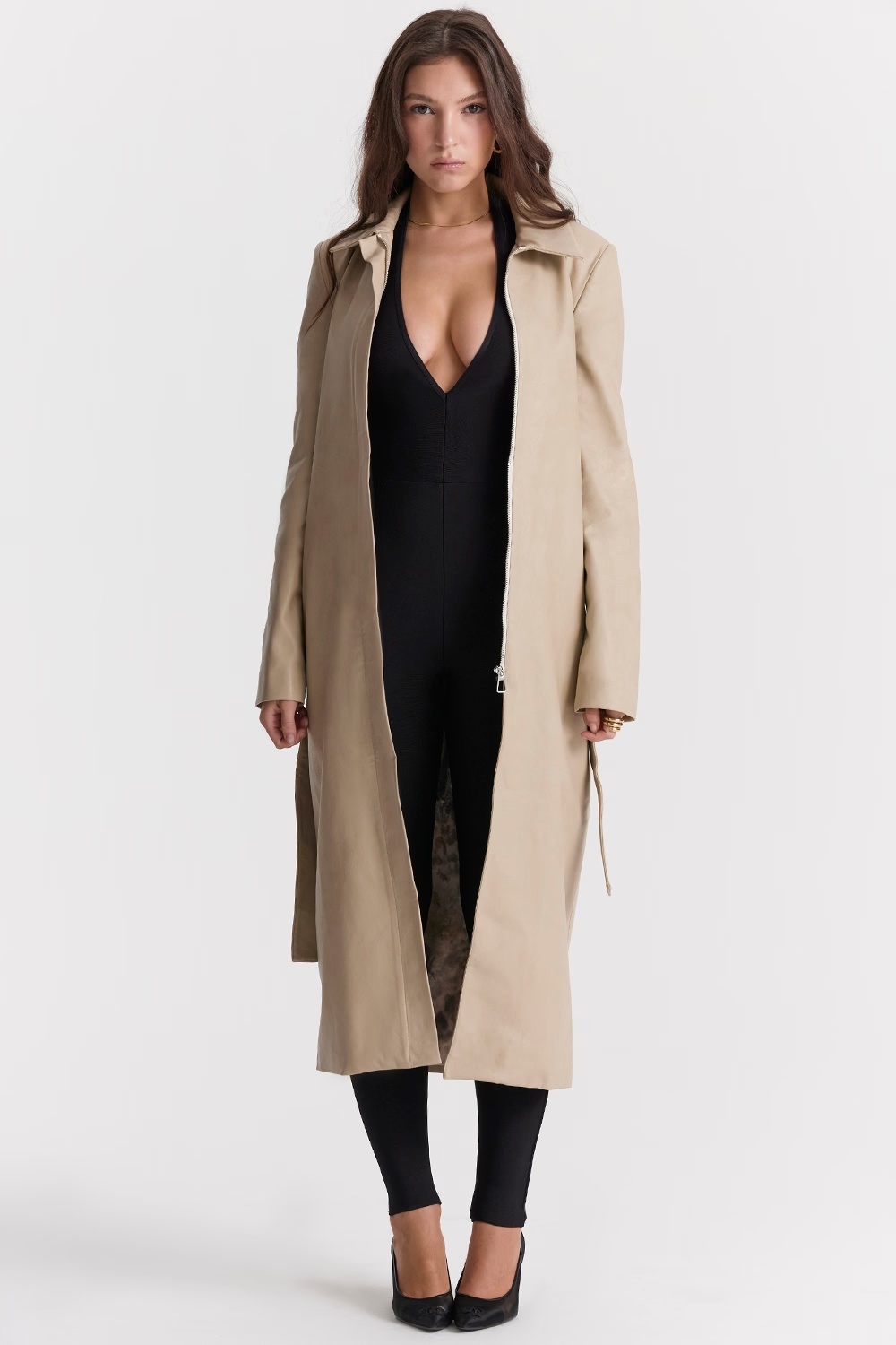 beige vegan leather trench coat - sale