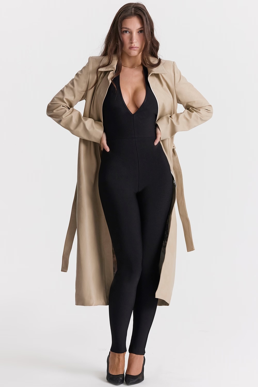 beige vegan leather trench coat - sale