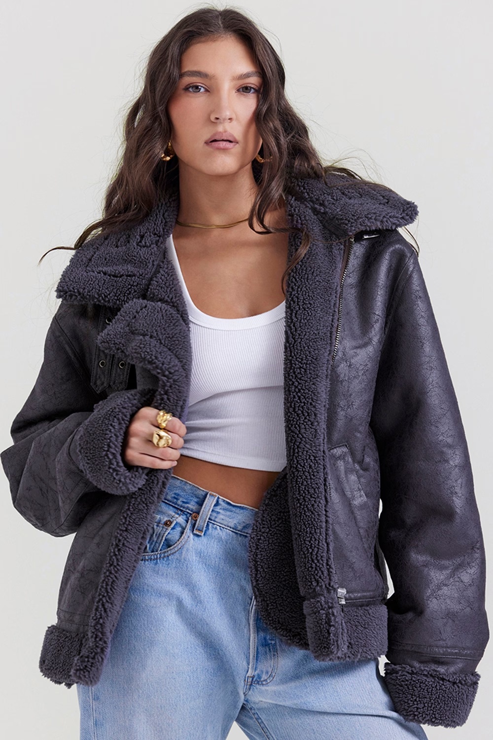 grey vegan shearling aviator jacket - sale