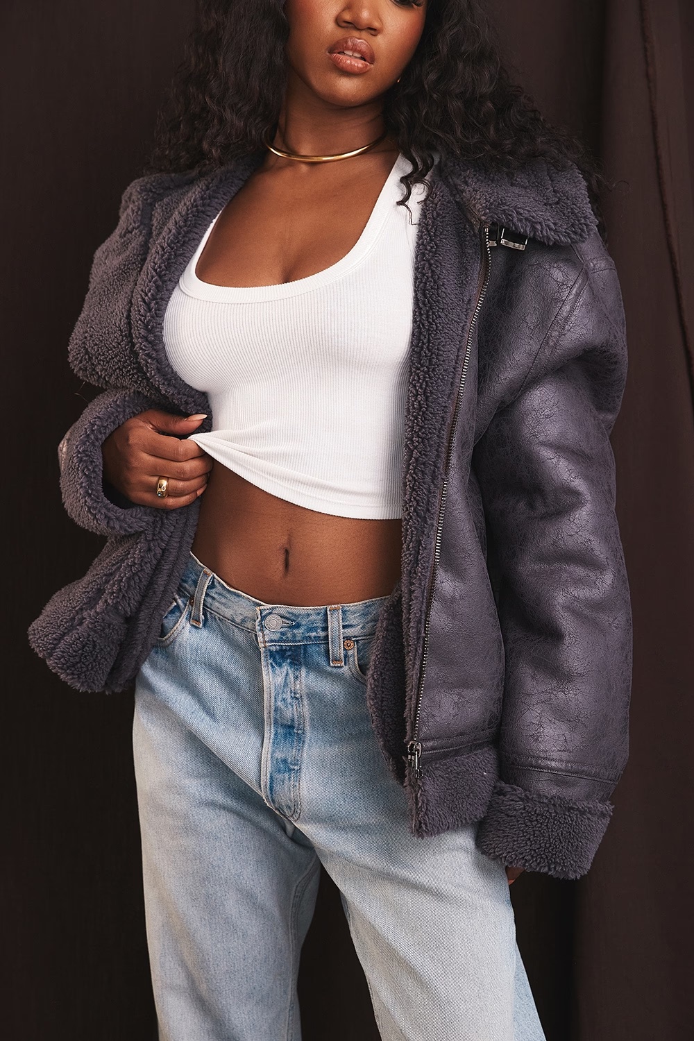 grey vegan shearling aviator jacket - sale