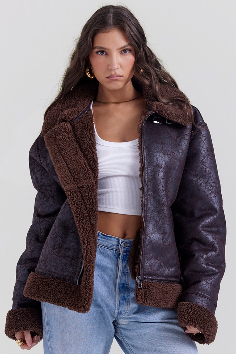 brown vegan shearling aviator jacket - sale