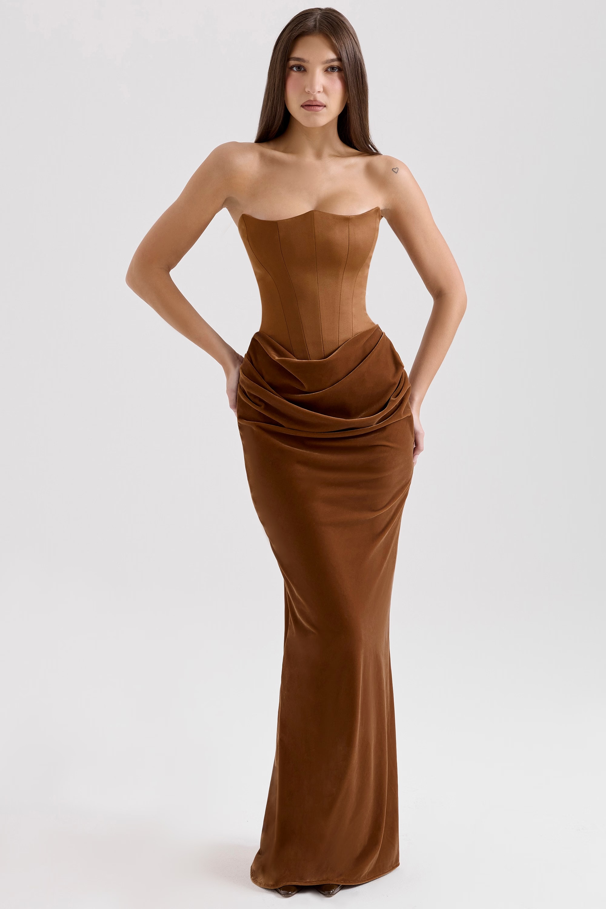 coffee velvet strapless corset maxi dress - sale