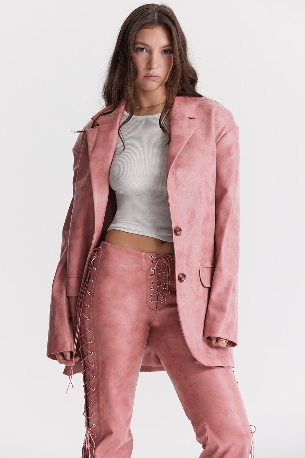 warm pink vegan leather oversized blazer - sale