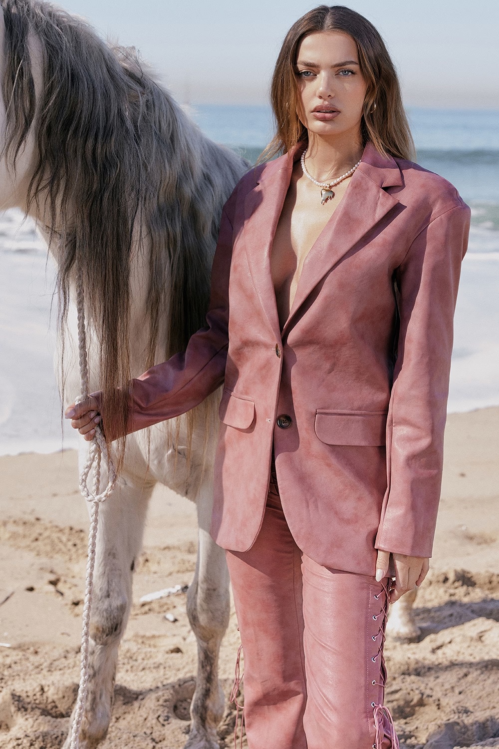 warm pink vegan leather oversized blazer - sale