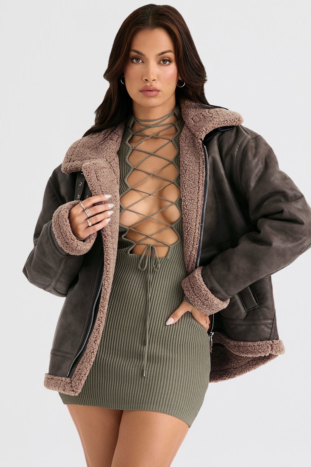 army green vegan shearling aviator jacket - sale