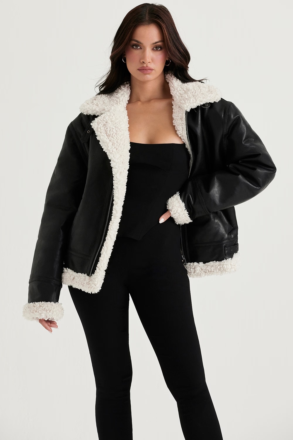 black vegan shearling aviator jacket - sale
