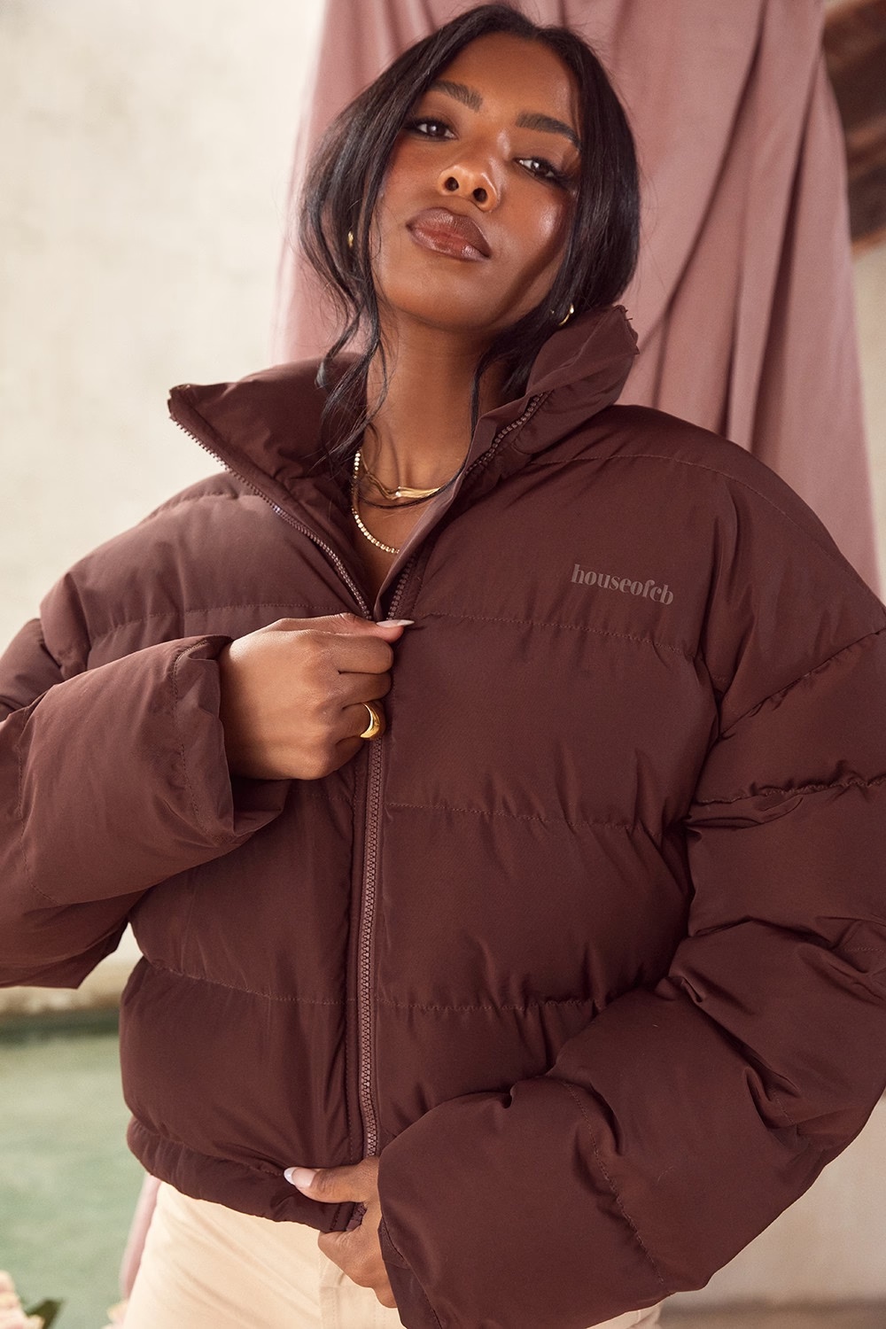 chocolate oversized c shape puffer jacket - sale