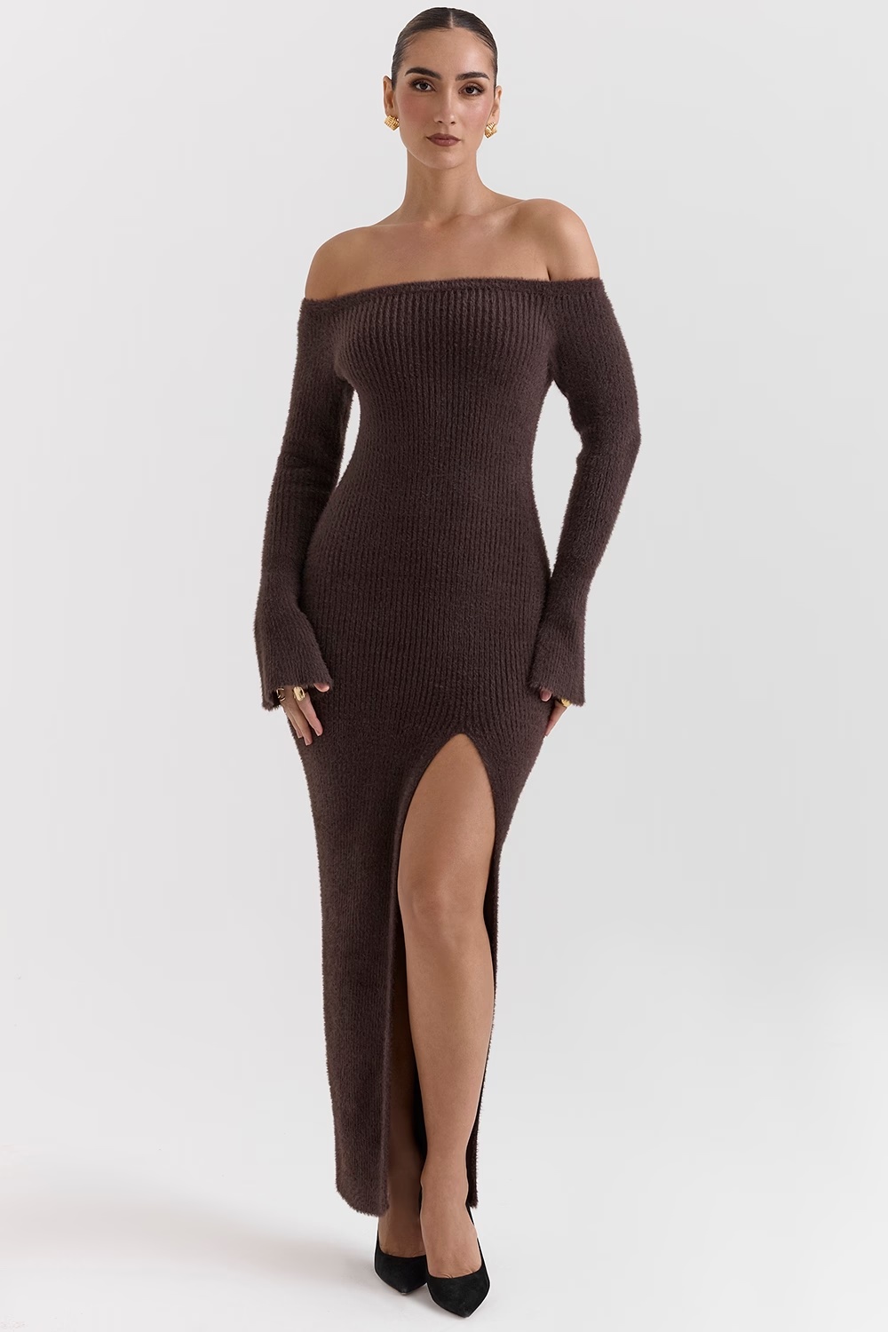 espresso knit off shoulder dress - sale