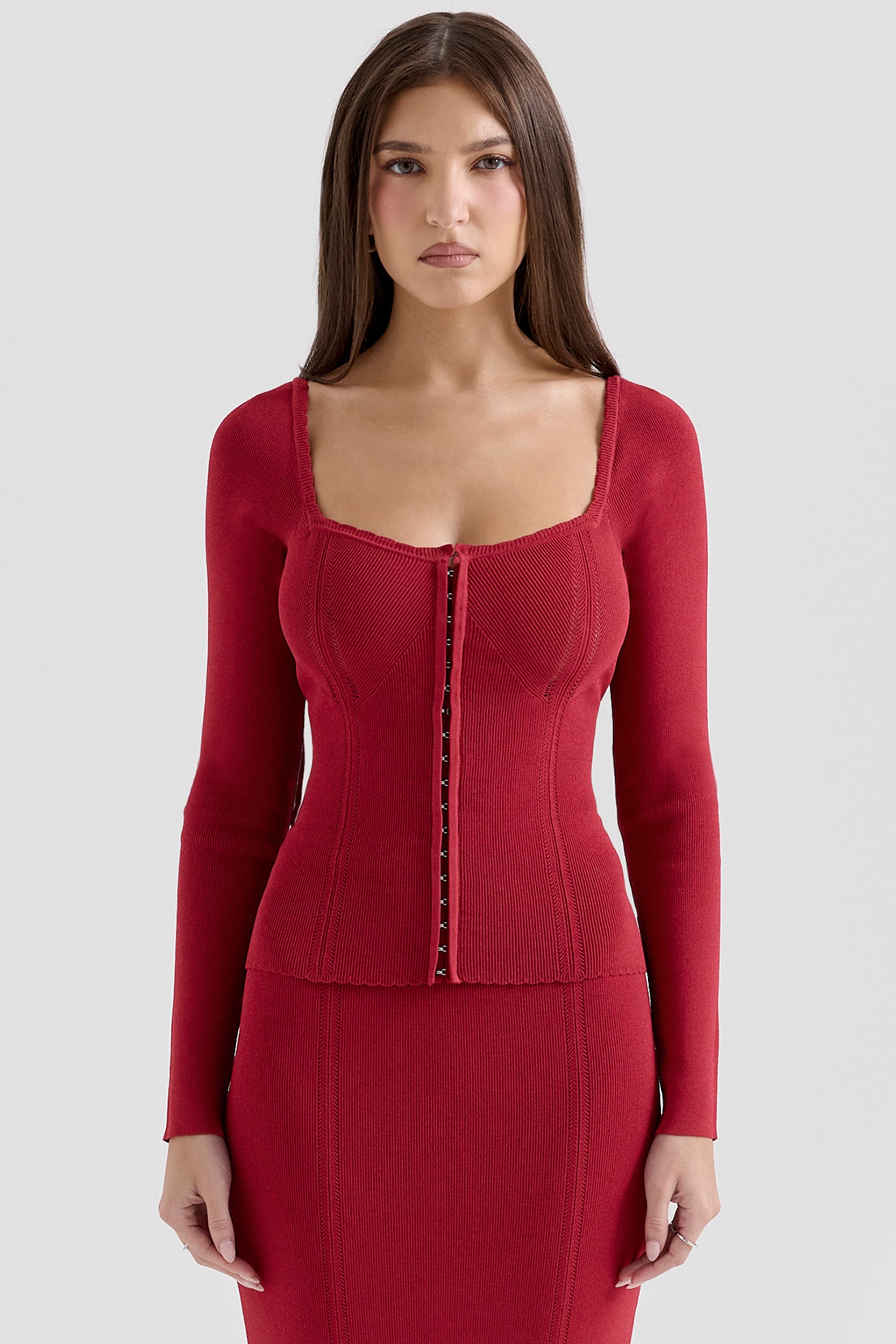 red fitted long sleeve top - sale