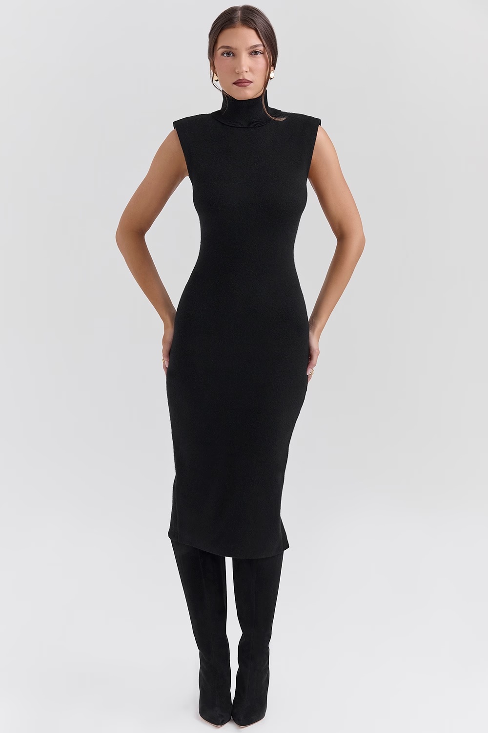 black cashmere blend turtle neck midi dress - sale
