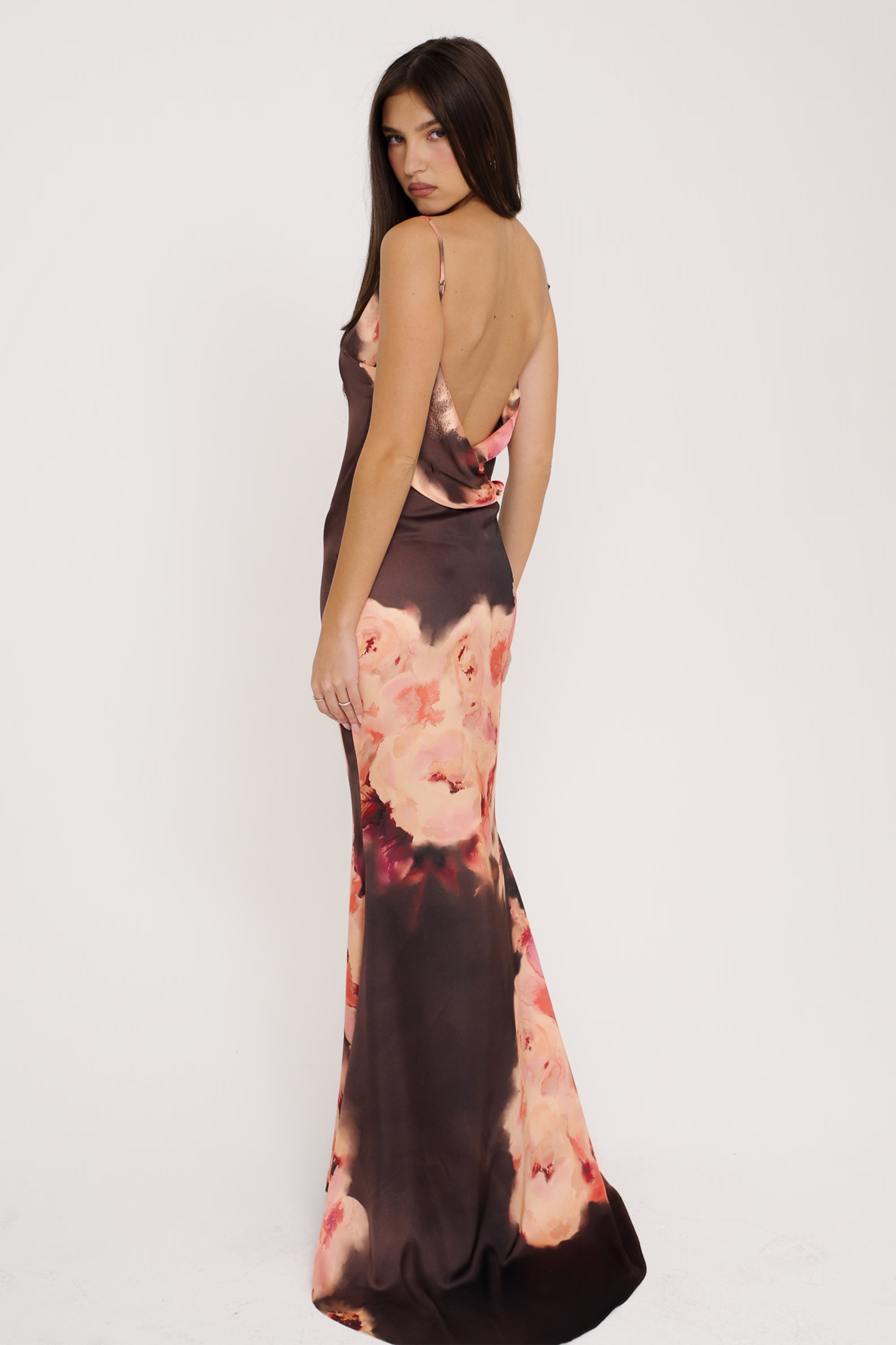 dark brown floral printed satin maxi dress - sale