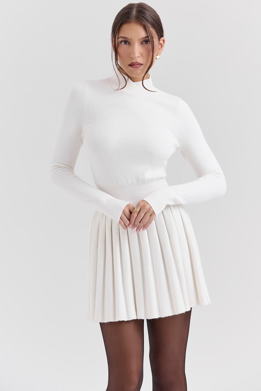 white cashmere blend pleated skated mini dress - sale