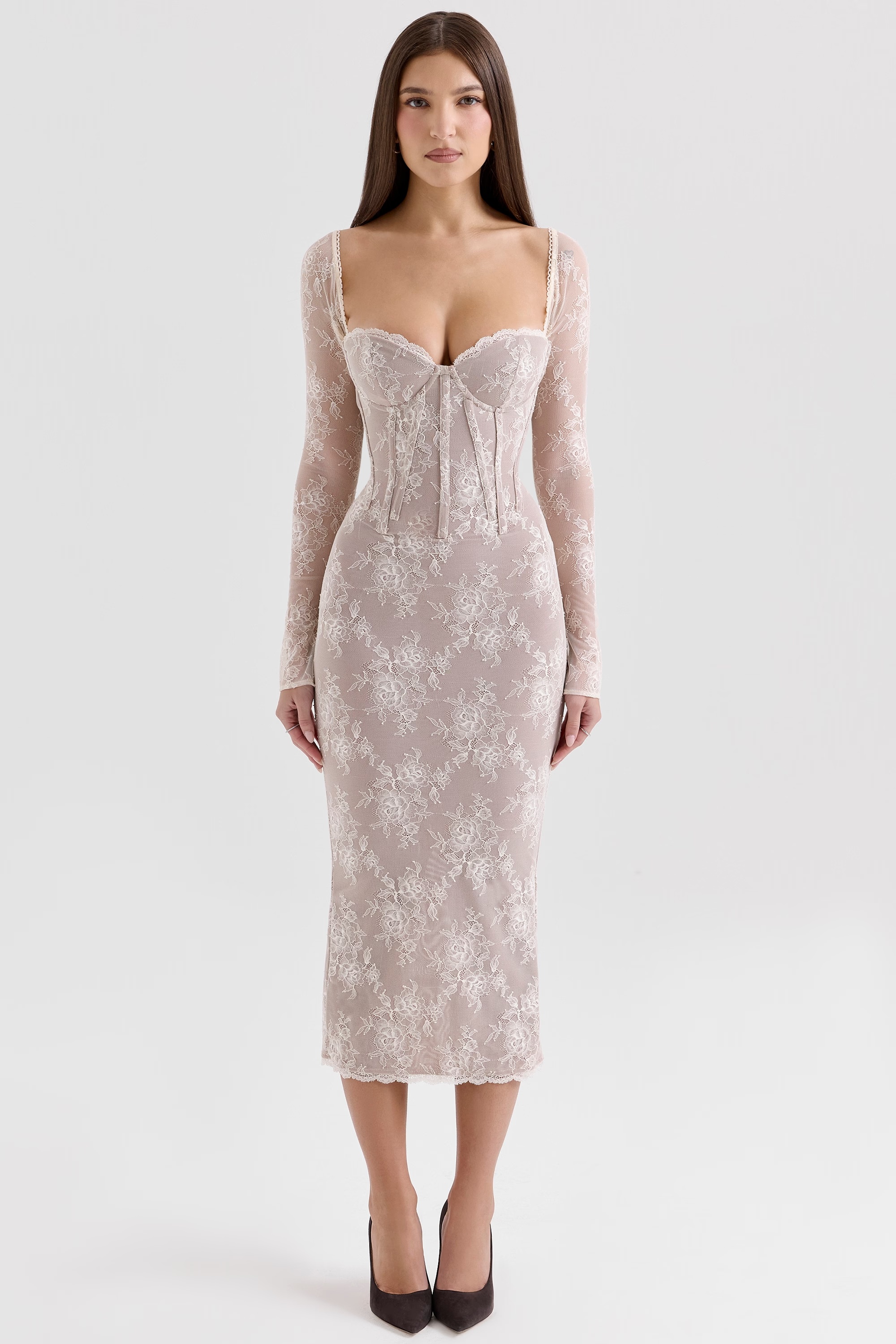 ivory lace long sleeve midi dress - sale