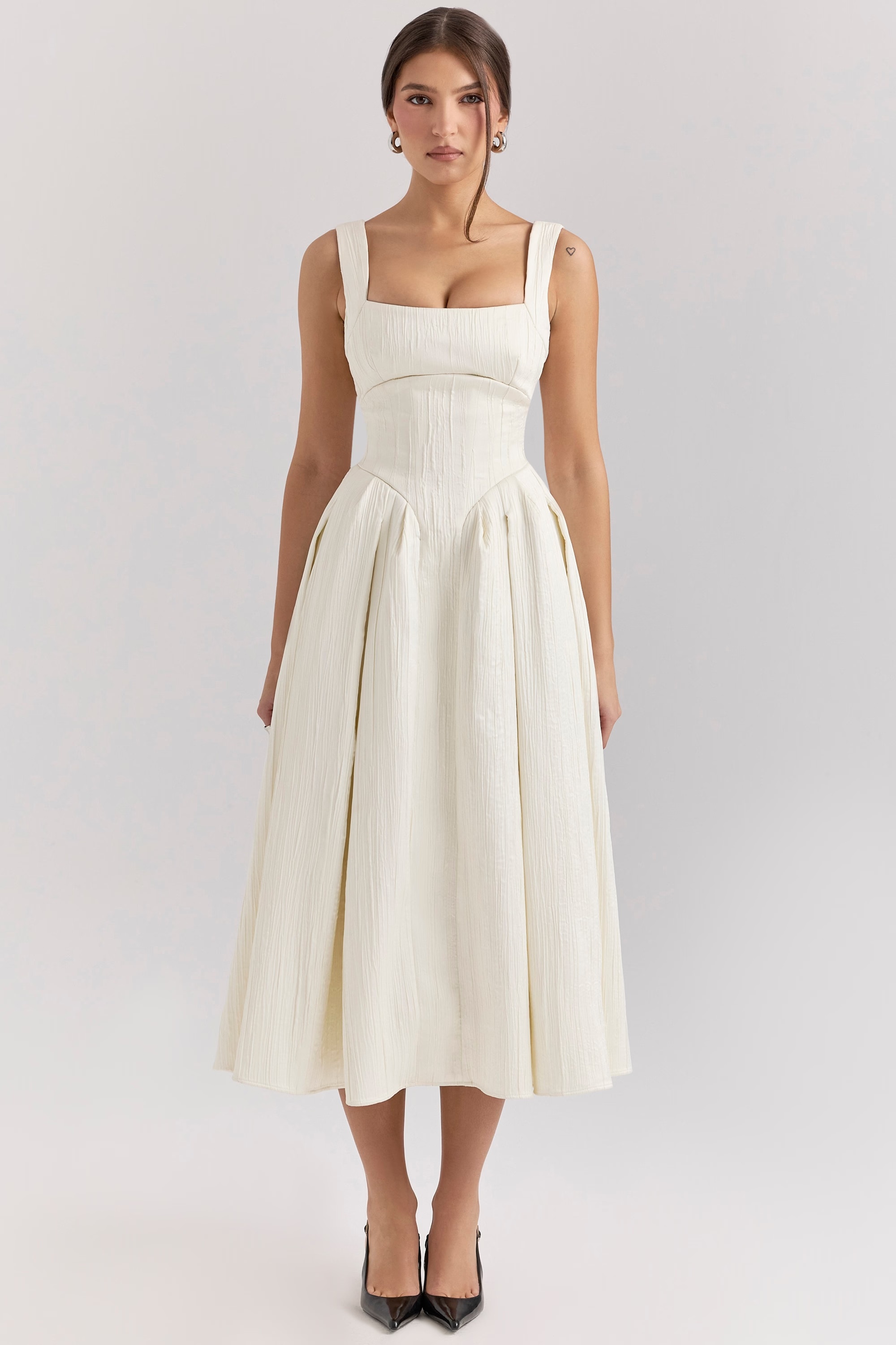 ivory textured satin corset midi dress - sale