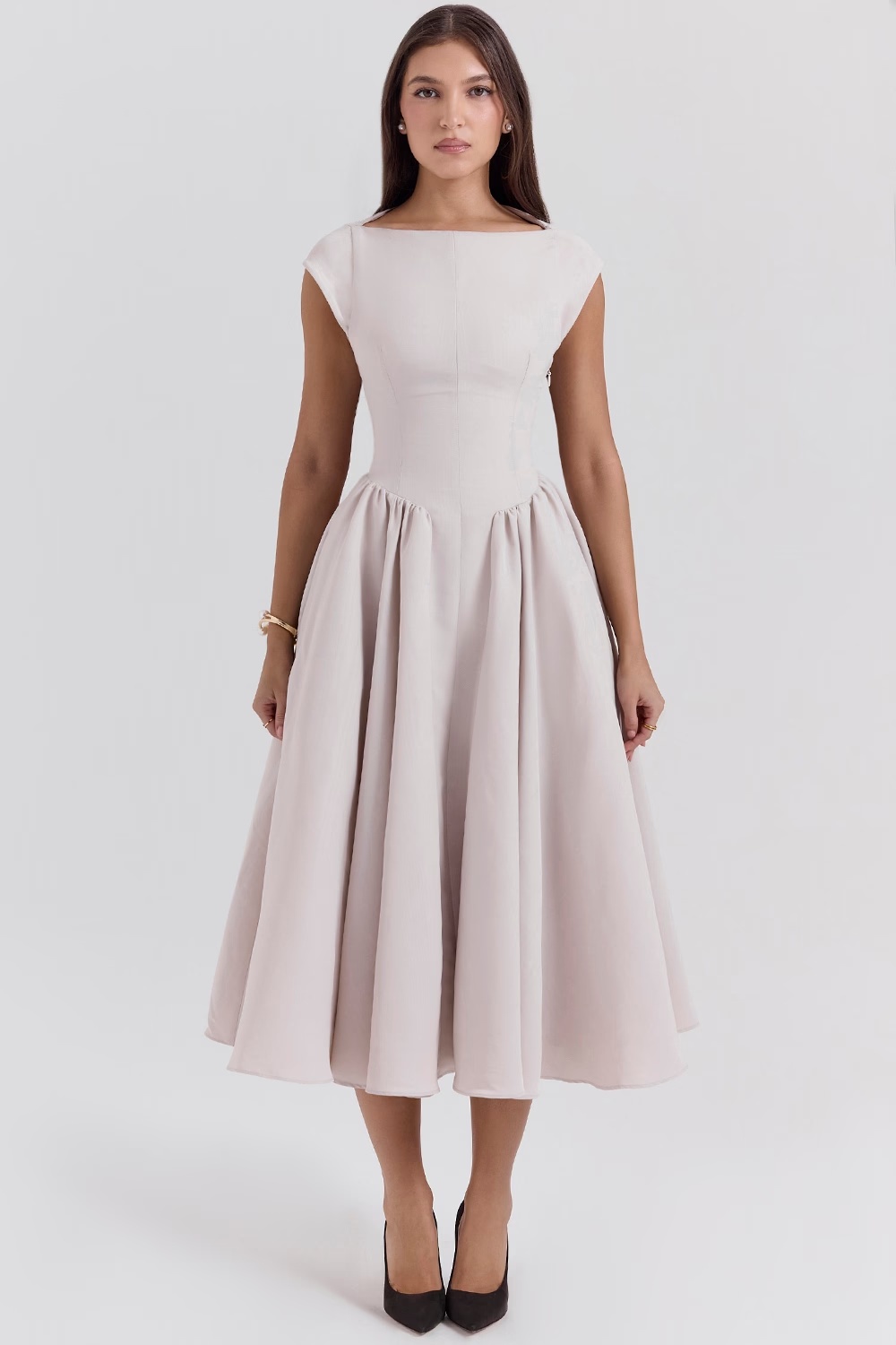 french dove moire satin backless midi dress - sale