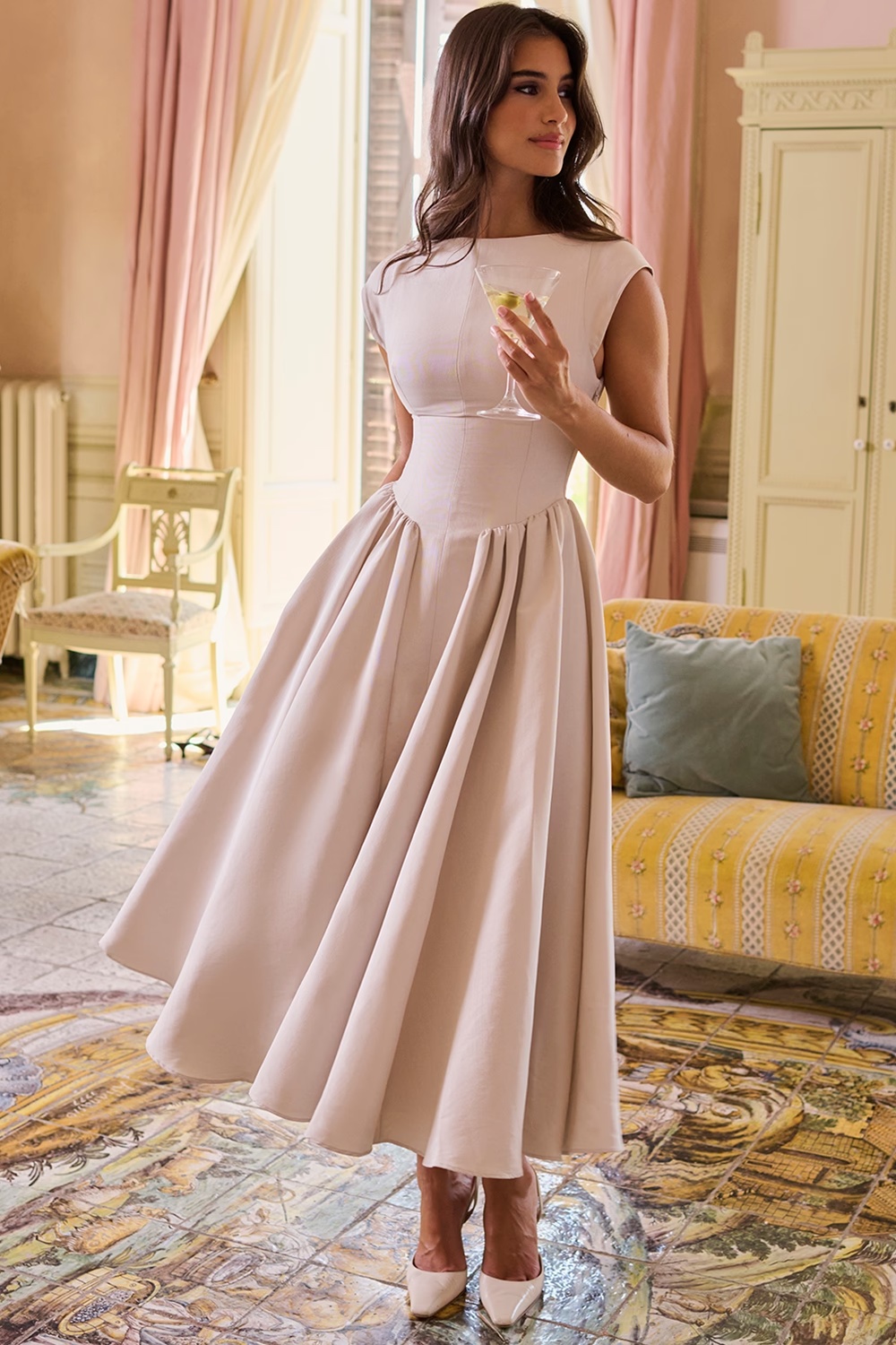 french dove moire satin backless midi dress - sale